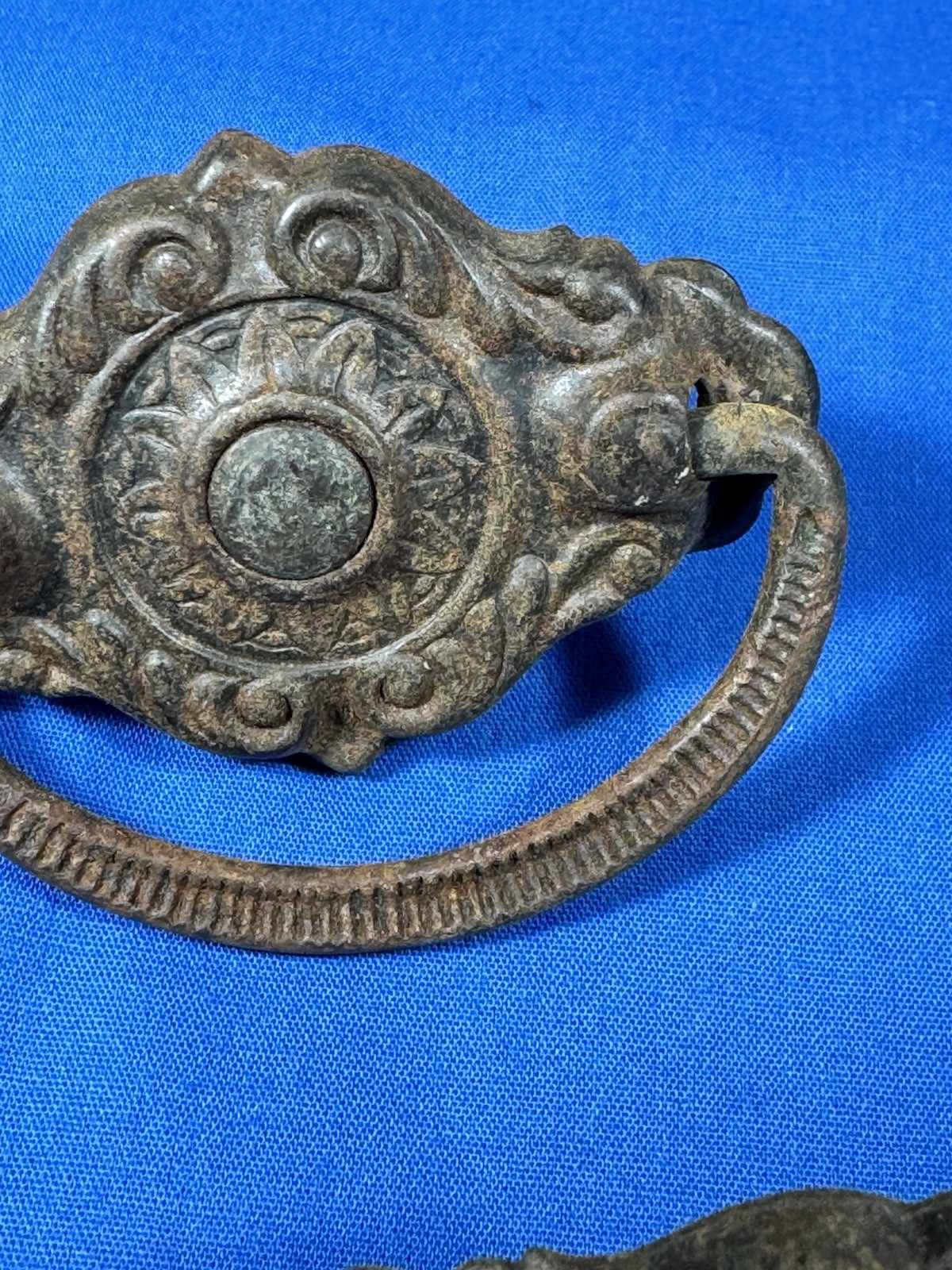 Antique Drawer Pulls w/ Original Screws, Bail Handle ~ Ornate Pressed Design