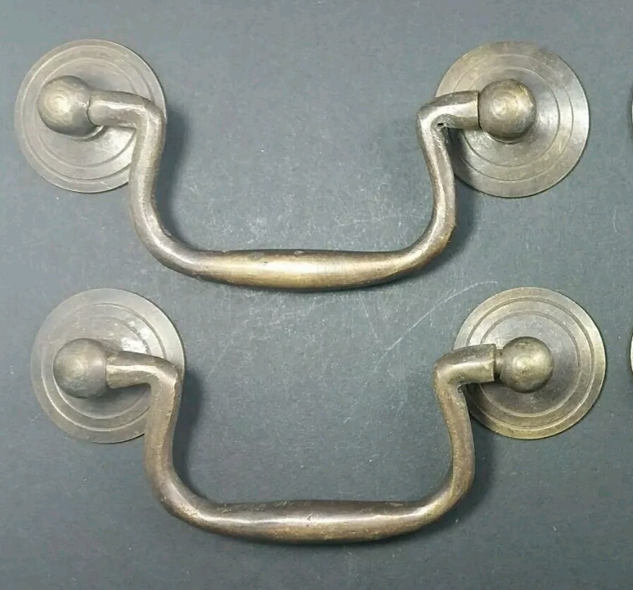 2 Antique Brass Swan Neck Bails Cabinet Drawer Pull handles approx. 3″ cntr #H39