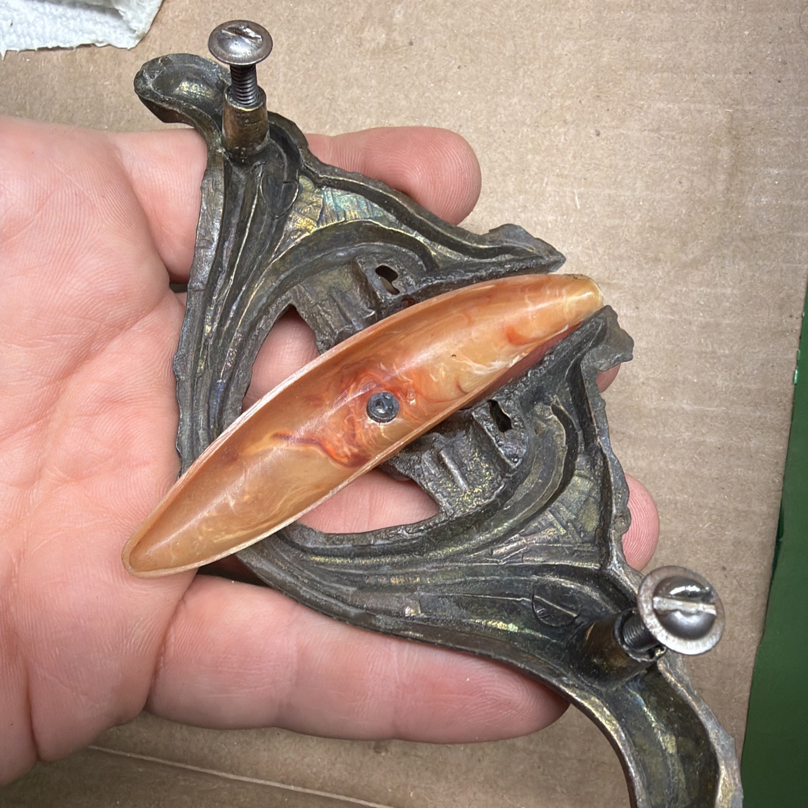 VTG Lot 10 Art Deco Drawer Waterfall Handles Pulls Orange Marble Bakelite Brass