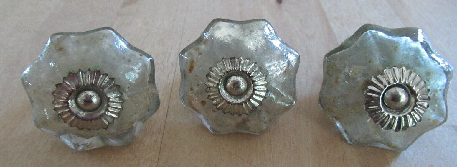 Lot of 9 Vintage Silver Mercury Glass and Metal Drawer Pull Dresser Door Knob