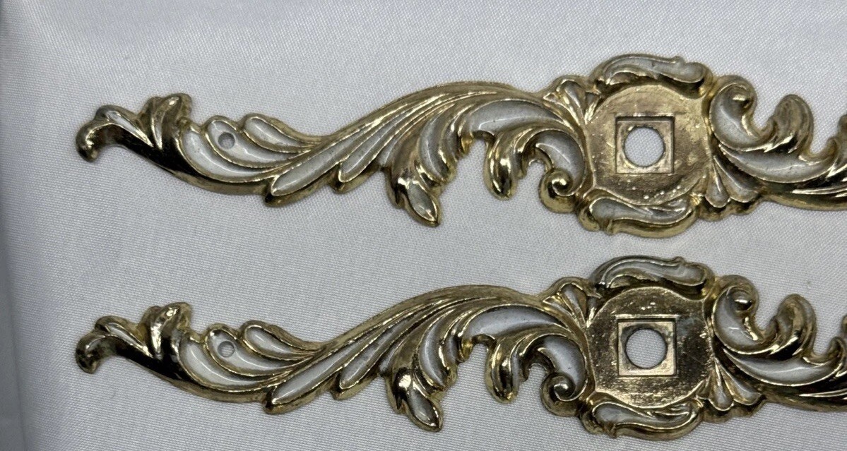 2 Vintage French Provincial Cabinet Drawer Pull Back Plates Gold White