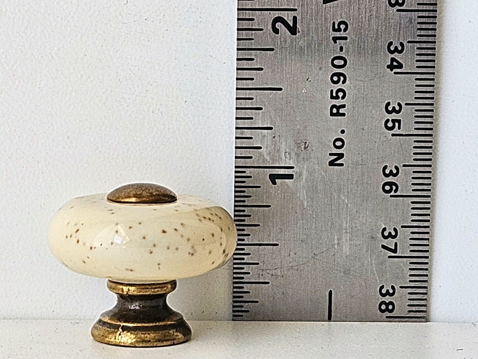 Vintage Beige Speckled Porcelain Knob & Backplate Cabinet Door Drawer Pulls NOS