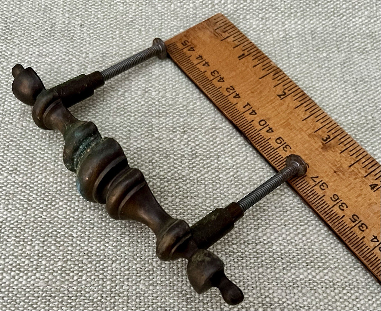 Aged 2 Brass Spindle Elongated Drawer Pulls 3” Center Colonial Traditional 1790