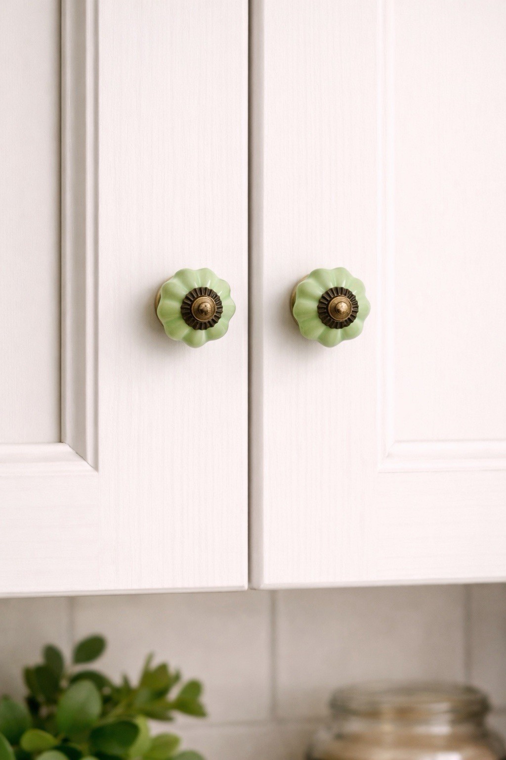 4 Antique Ceramic Drawer Pulls Green Flower Door Kitchen Cabinet Knob