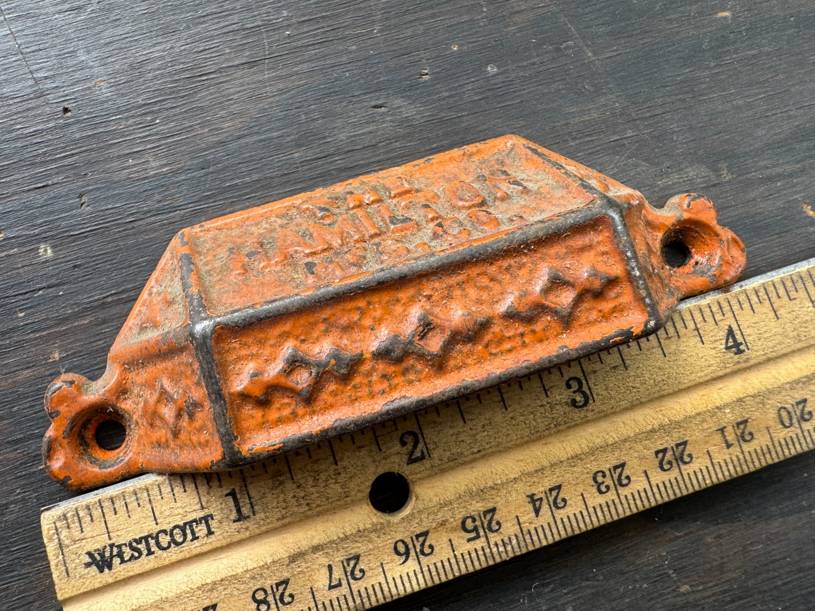Beautiful Orange Antique cast Iron type tray HANDLE pull THE HAMILTON MFG. CO.