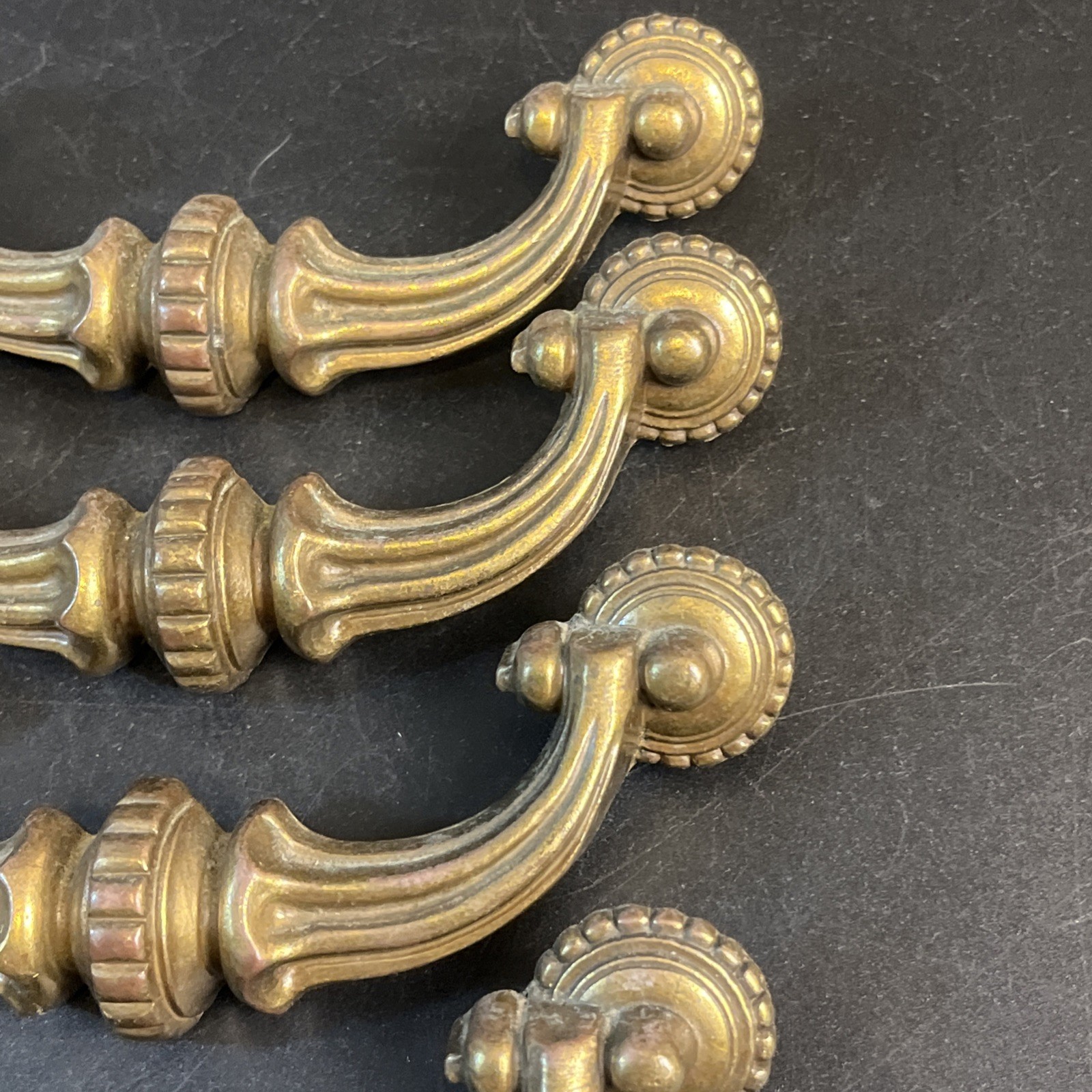 5 Vtg Ornate Solid Brass Drop Bail Pull Dresser Handles Set Hollywood Regency