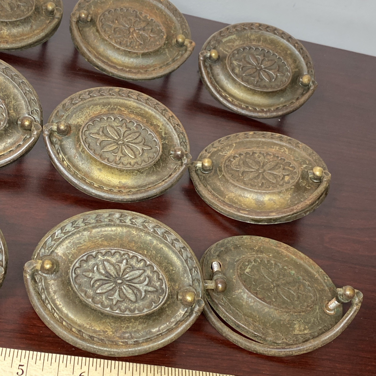 2.5” Hepplewhite Drop Bail Oval Antique Brass Plated 12 Vtg drawer Pulls handles