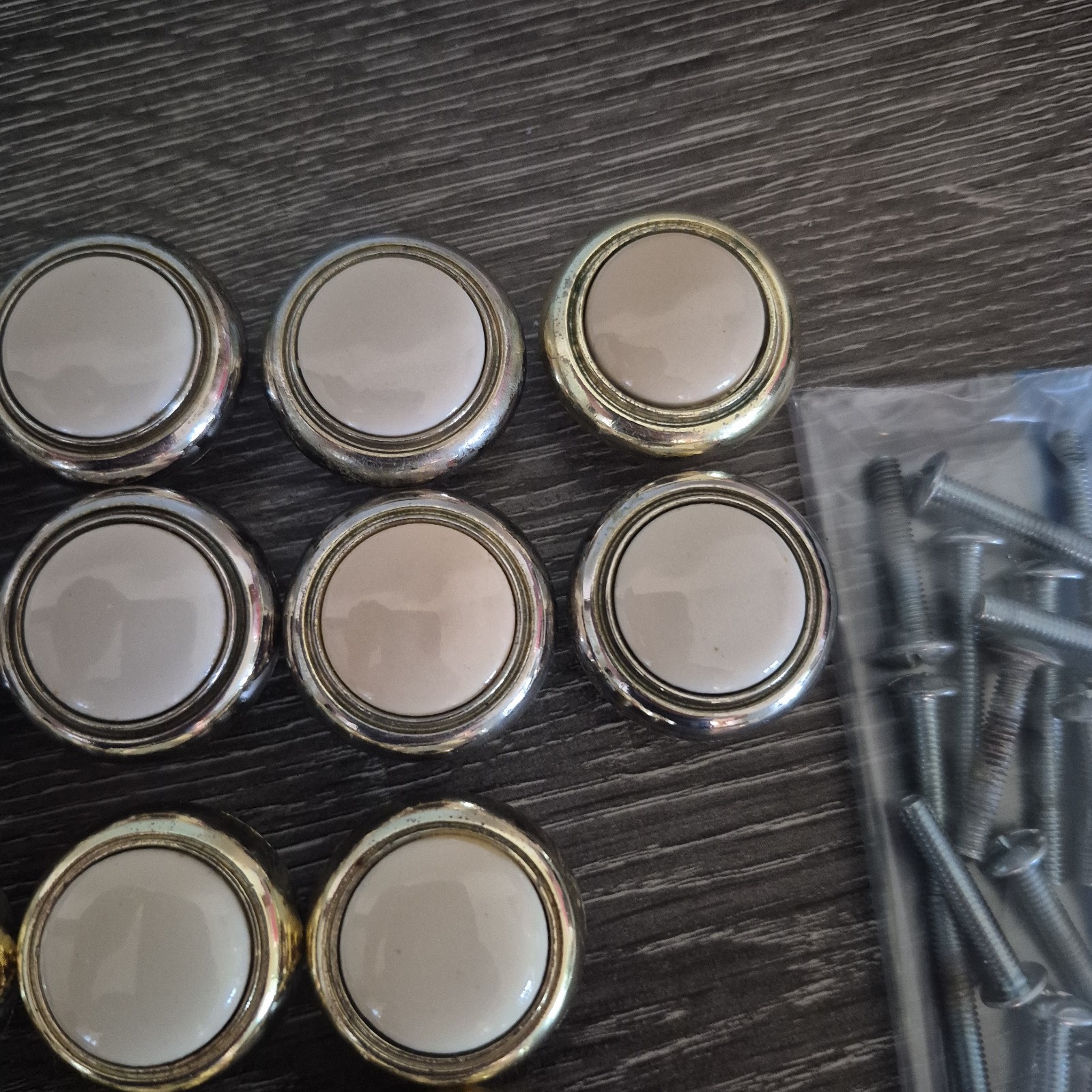 Vintage Cabinet Drawer Pulls Lot Of 16 Brass Ivory Knobs With Screws Lot 10 & 6