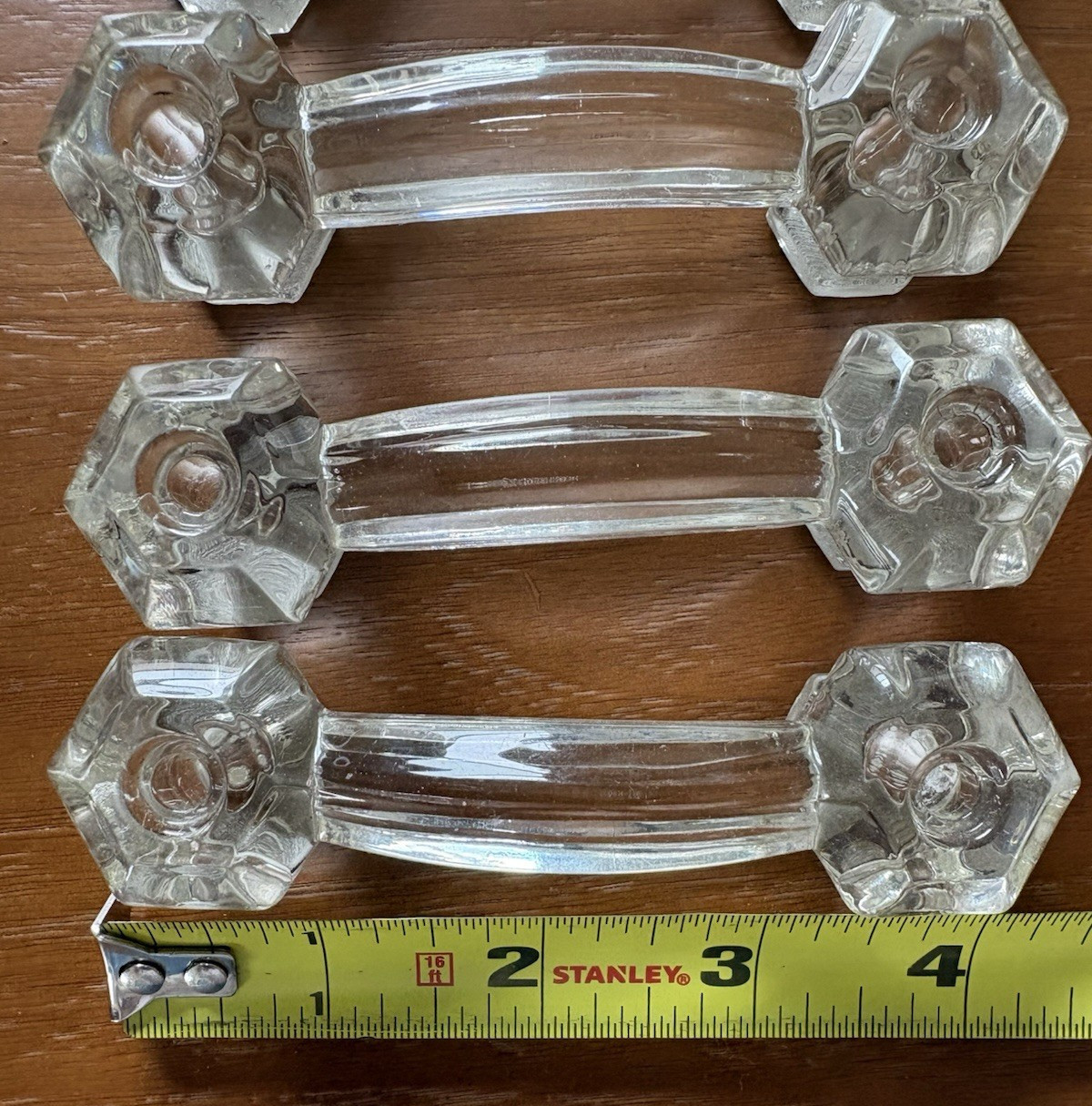 Lot of 6 Vintage Hexagon Clear Glass Knobs Handle Pulls Reclaimed Kitchen Bath