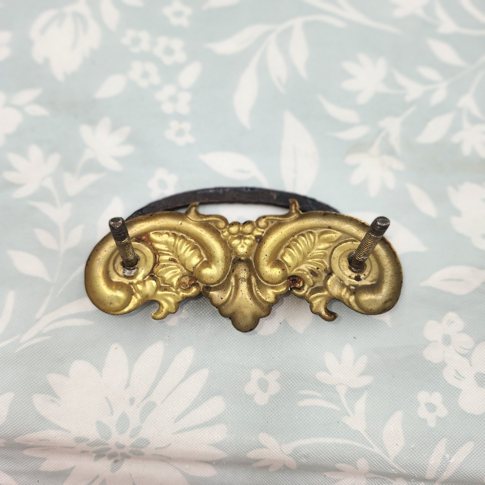 Brass Victorian Handle Antique Ornate drop bail Pull back plate stamped