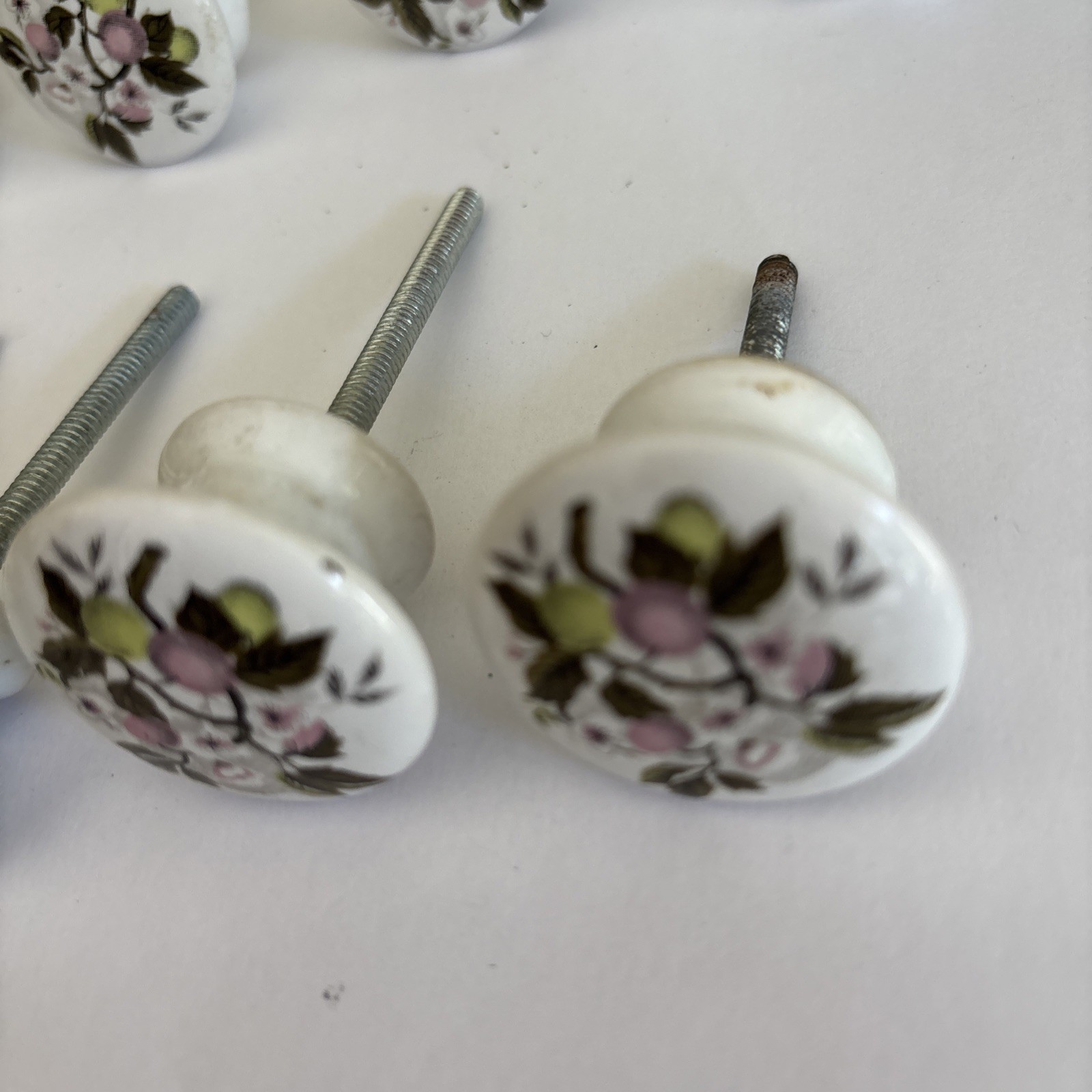 Vtg Porcelain Pulls/Knobs, White Painted Cherry Blossom Floral Design~Lot of 8