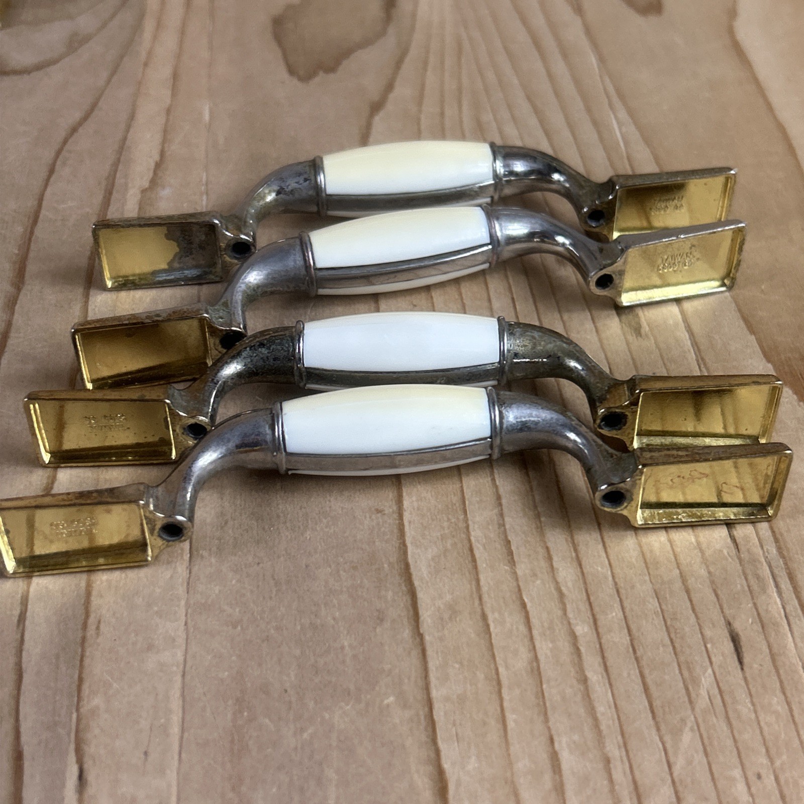 Vintage Drawer Pulls Cabinet Handles Set of 12 Beige Ceramic Center 5.5” Brass