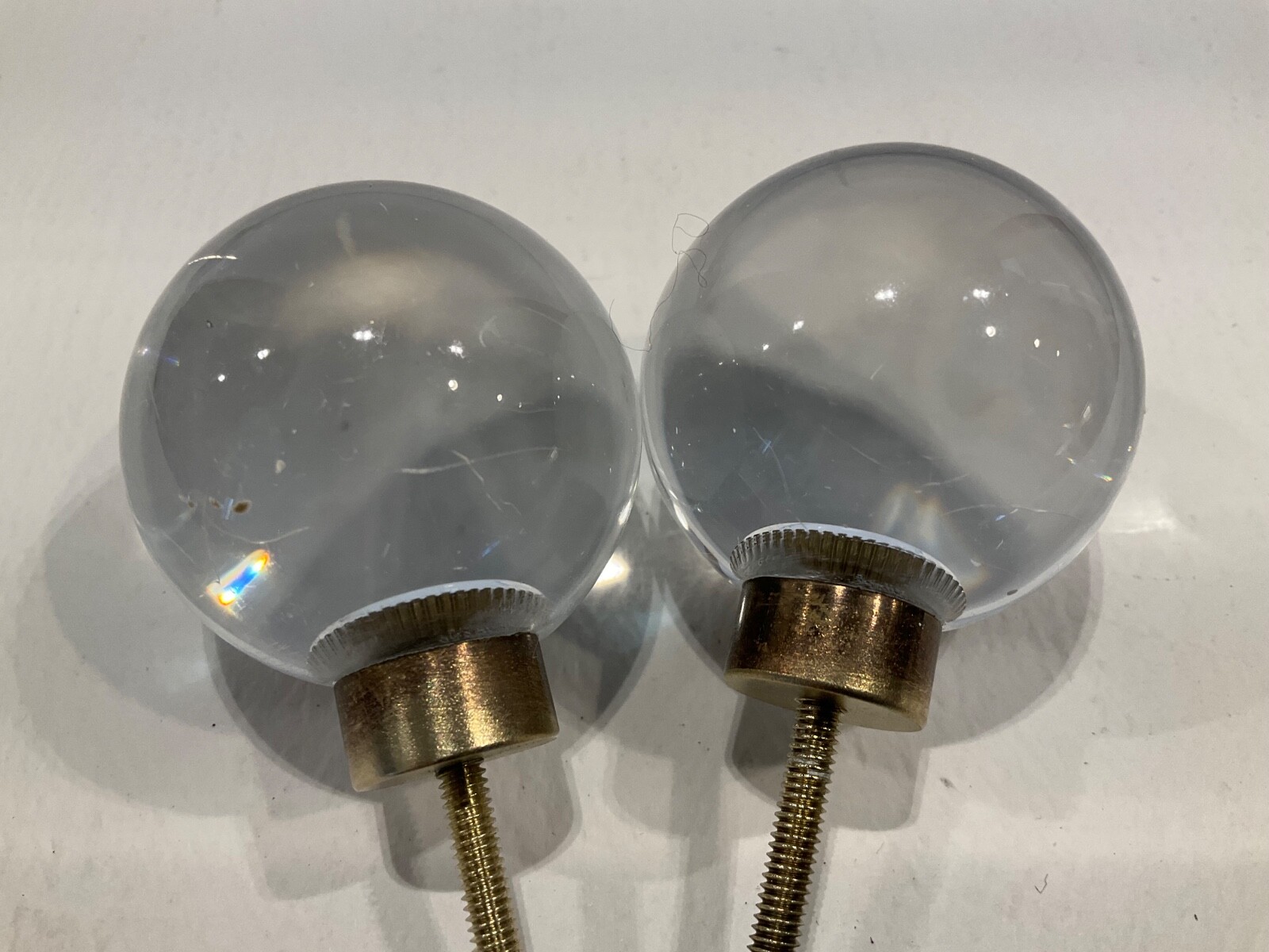 Vintage Round Glass Ball Drawer Pulls / Cabinet Knobs w/Brass Collar Backplate