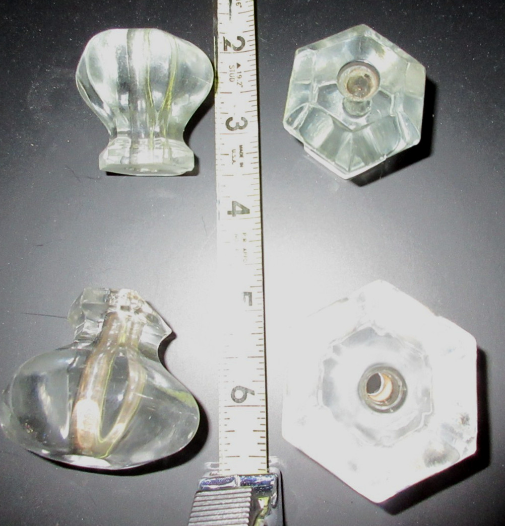 4 Vintage 6 sided 2 sizes Glass Crystal Cabinet Knobs Drawer Pulls