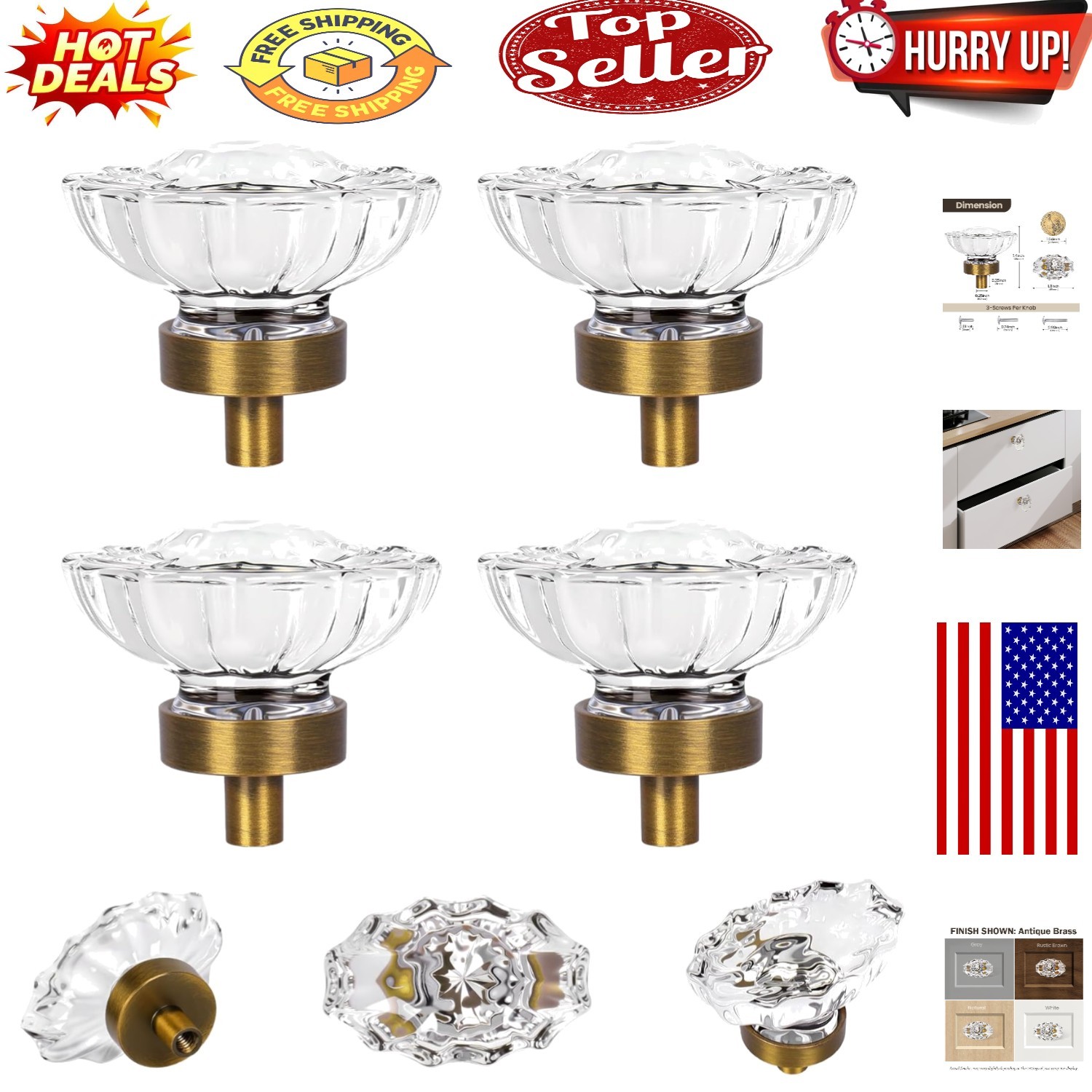 Vintage Antique Brass Crystal Drawer Knobs – 4 Pack
