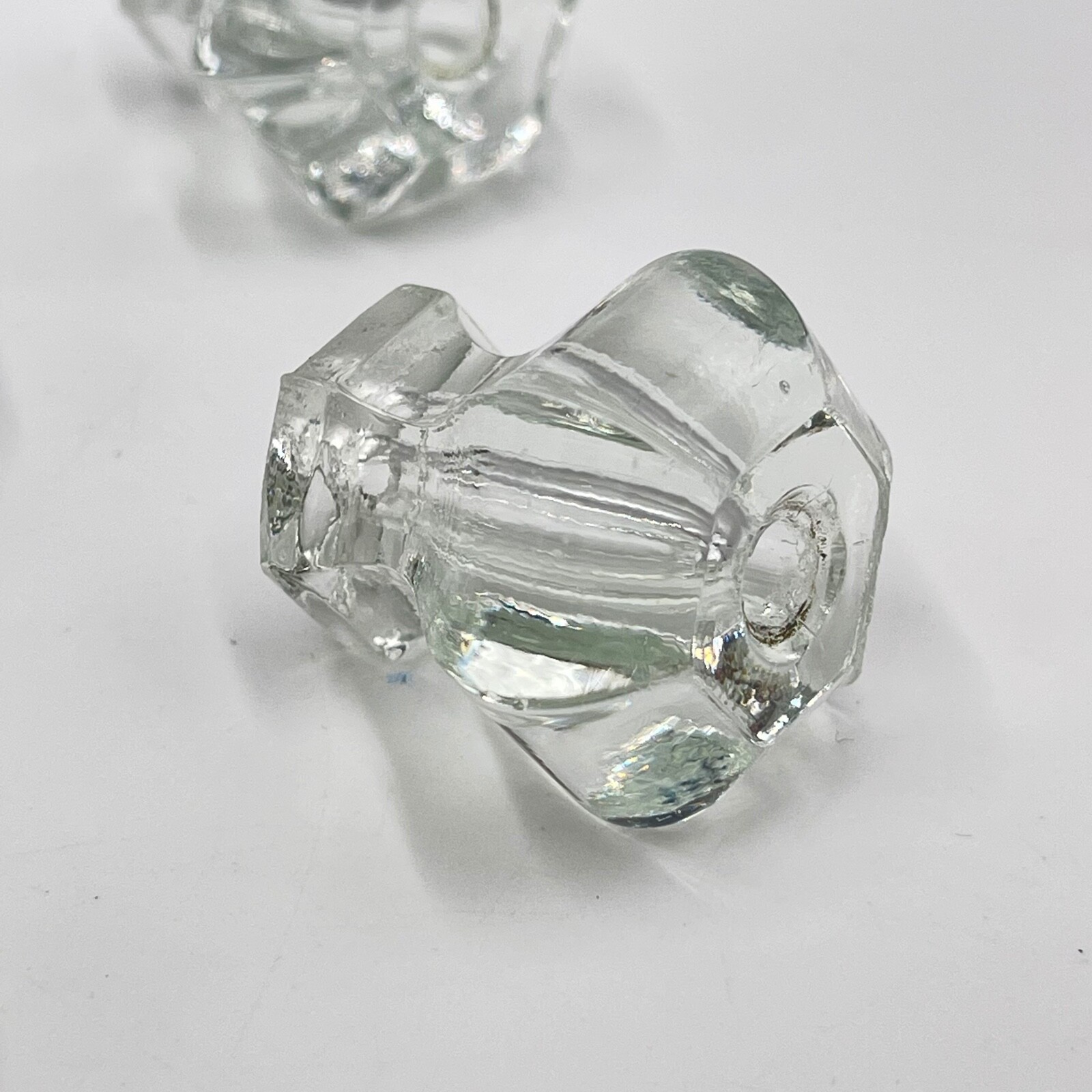 Lot of 5 Vintage Clear Glass 6-Sided Cabinet Pulls / Drawer Knobs, Small Hex Top