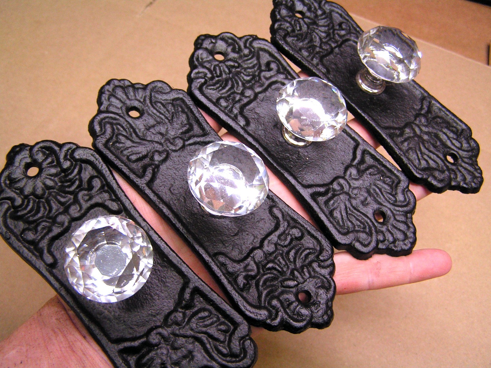 Four Glass Crystal Style Knobs, Black Cast Iron Backplate, Old Style Hardware