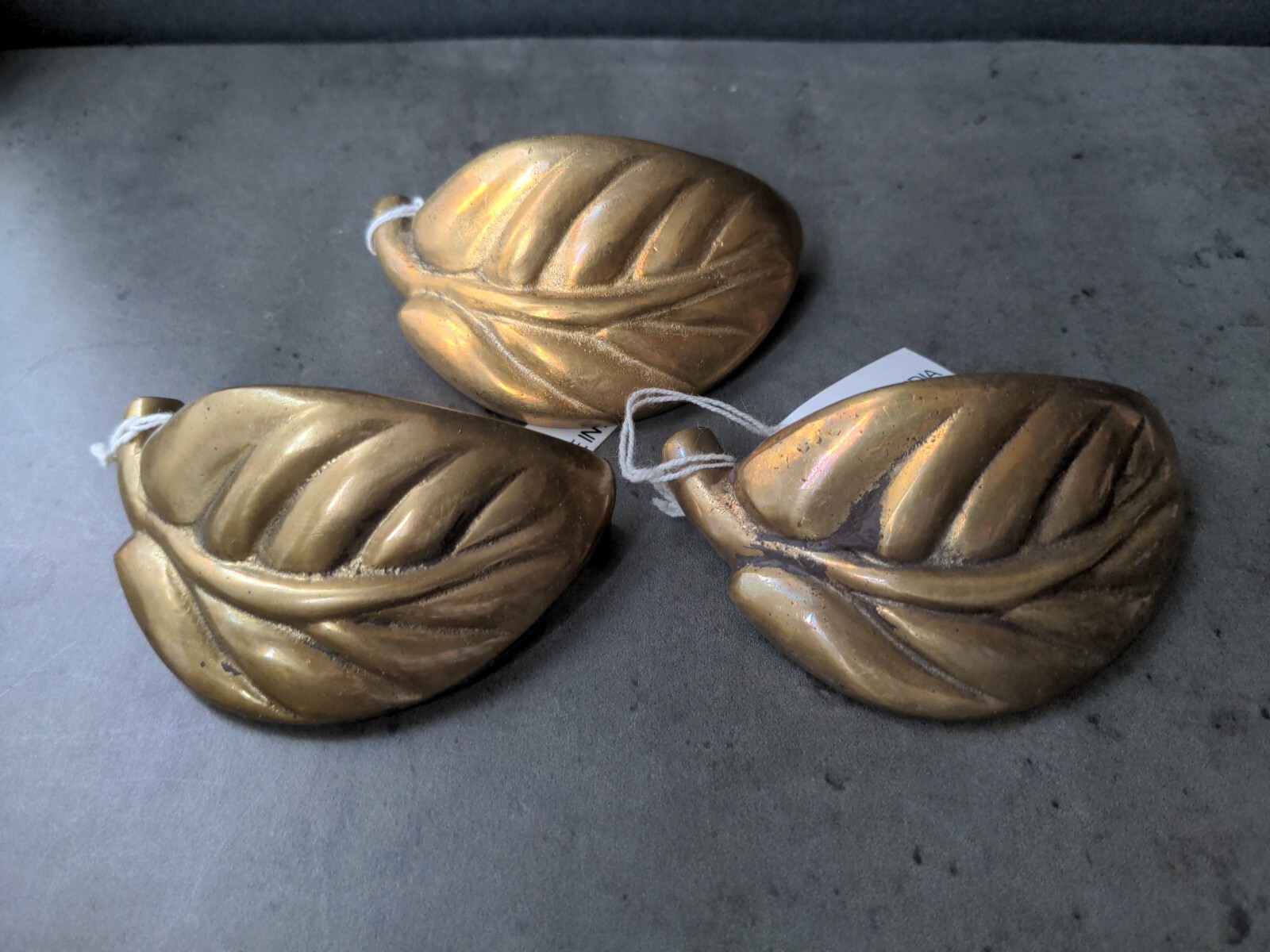 3 Vintage Brass Hardware Drawer Pulls Curved Lilac Leaf Art Deco Anthropologie