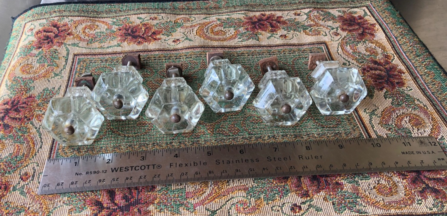 Lot of 6 Vintage 6~Sided Hexagonal Clear Glass Drawer Knobs 1.5″ w/ Hardware