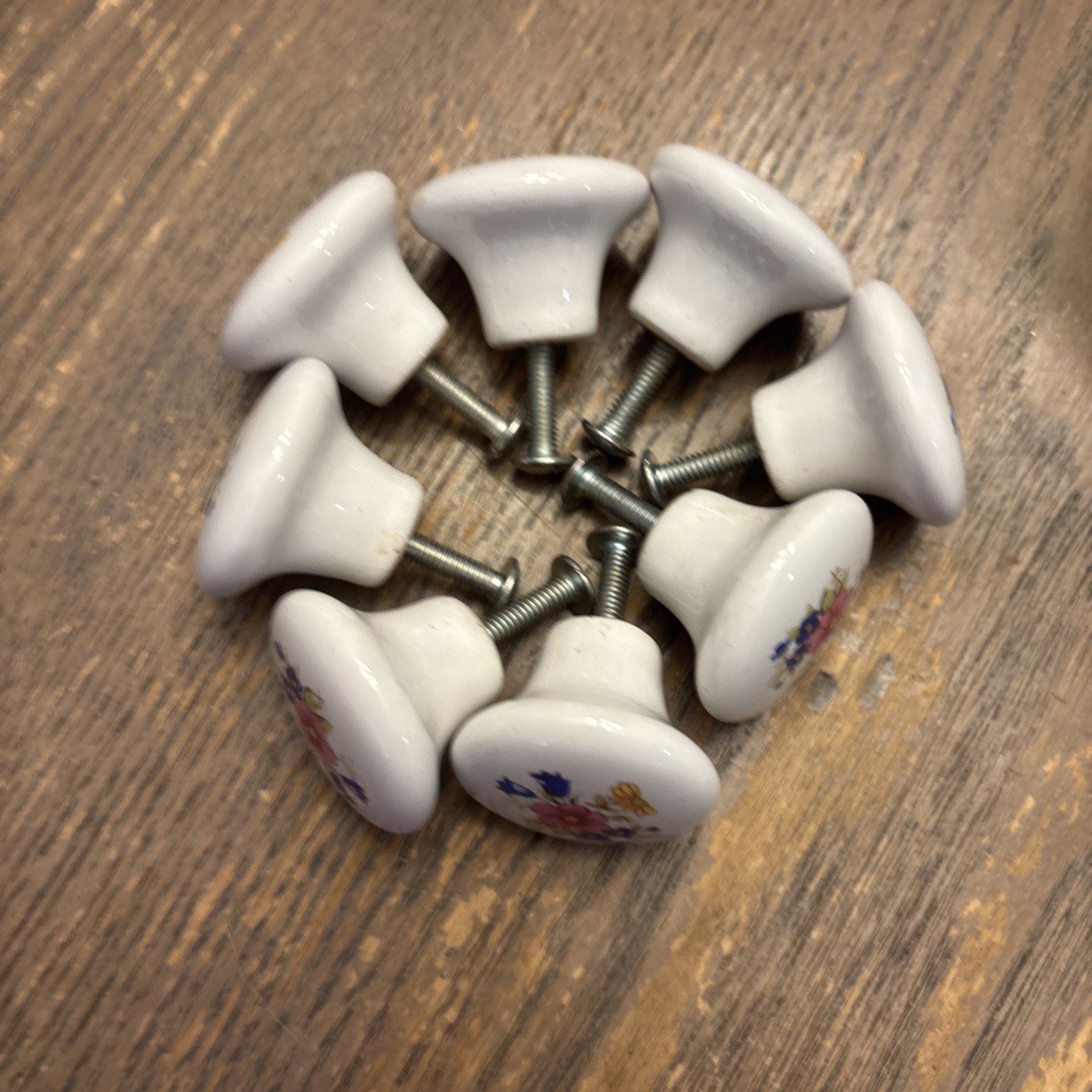 Vintage Porcelain Pulls /Knobs, White Painted Floral Design Lot of 8 with screws