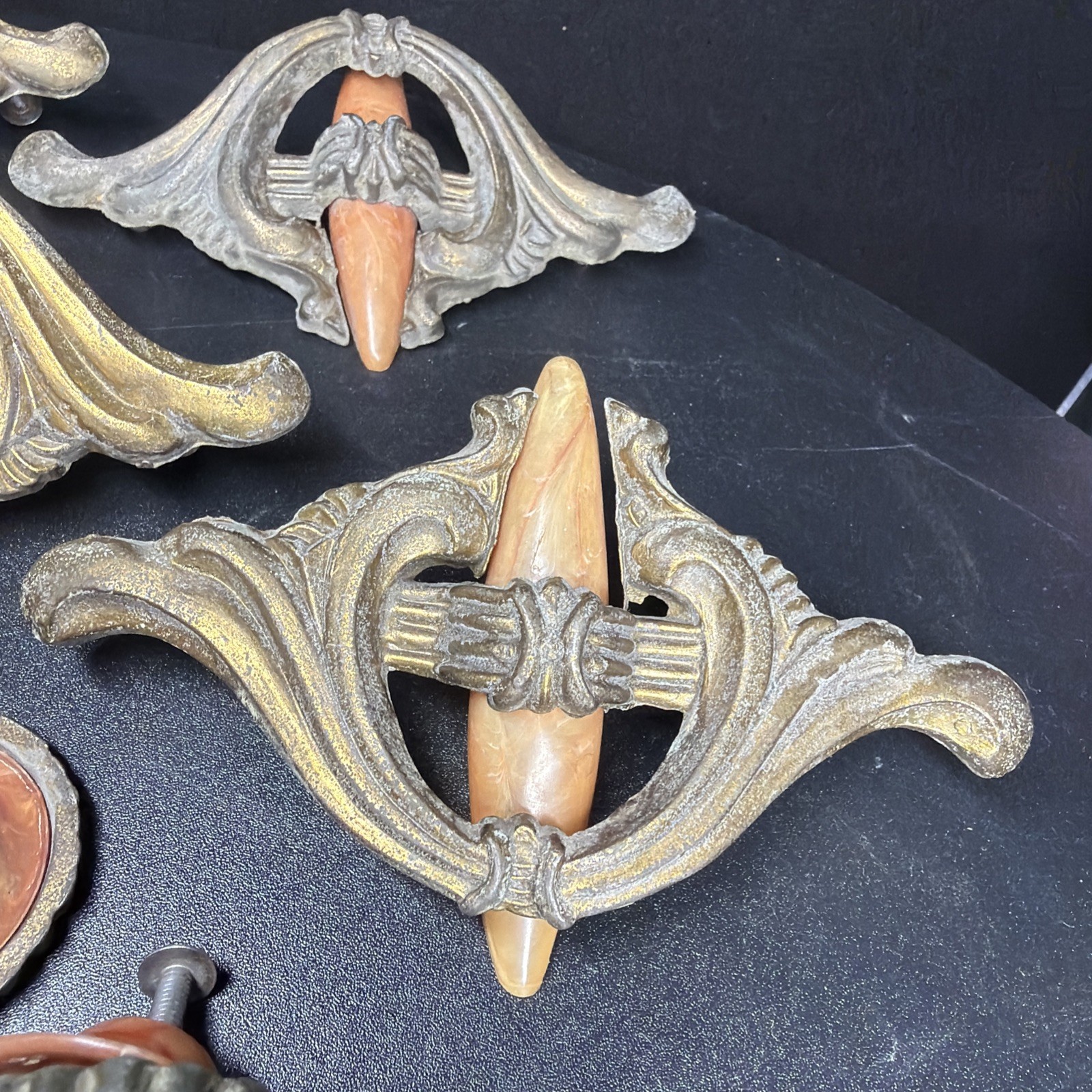 VTG Lot 10 Art Deco Drawer Waterfall Handles Pulls Orange Marble Bakelite Brass
