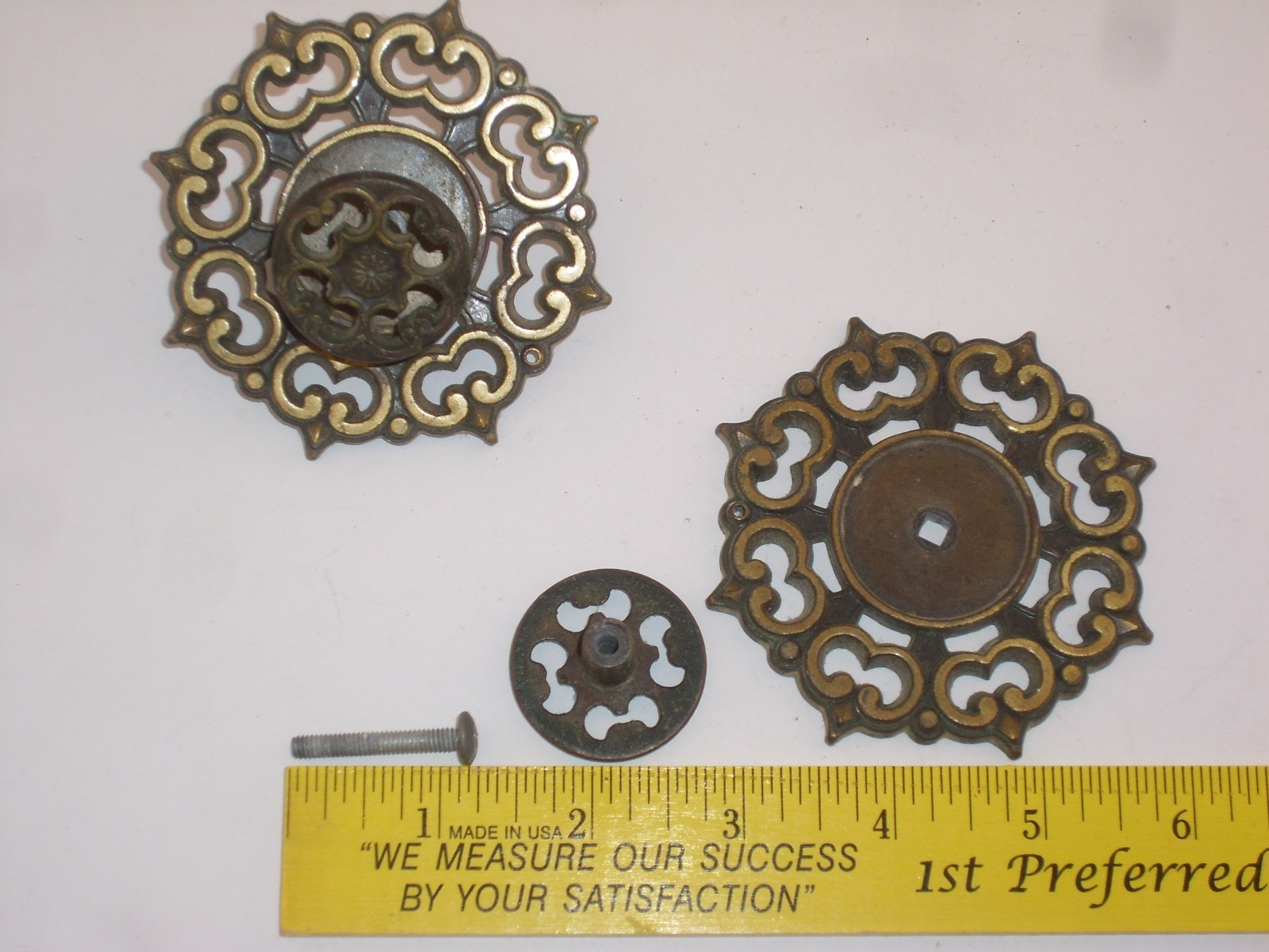 Pair of Vintage Antique Gold Amerock Cabinet Drawer Pulls, Back Plate & Knob