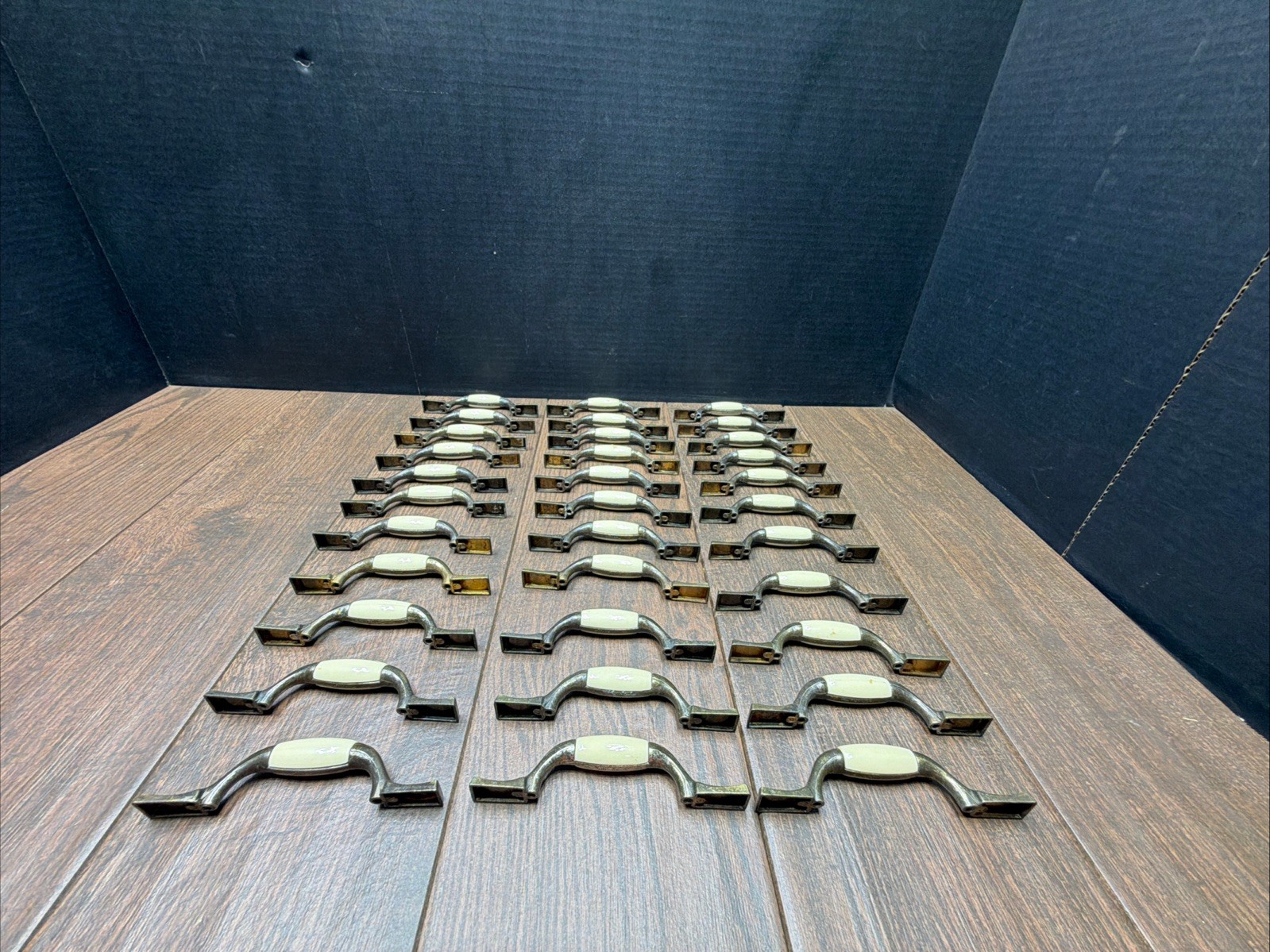 33 Allison Vintage Brass White Porcelain Cabinet Pulls Drawer Handles 5 1/4″