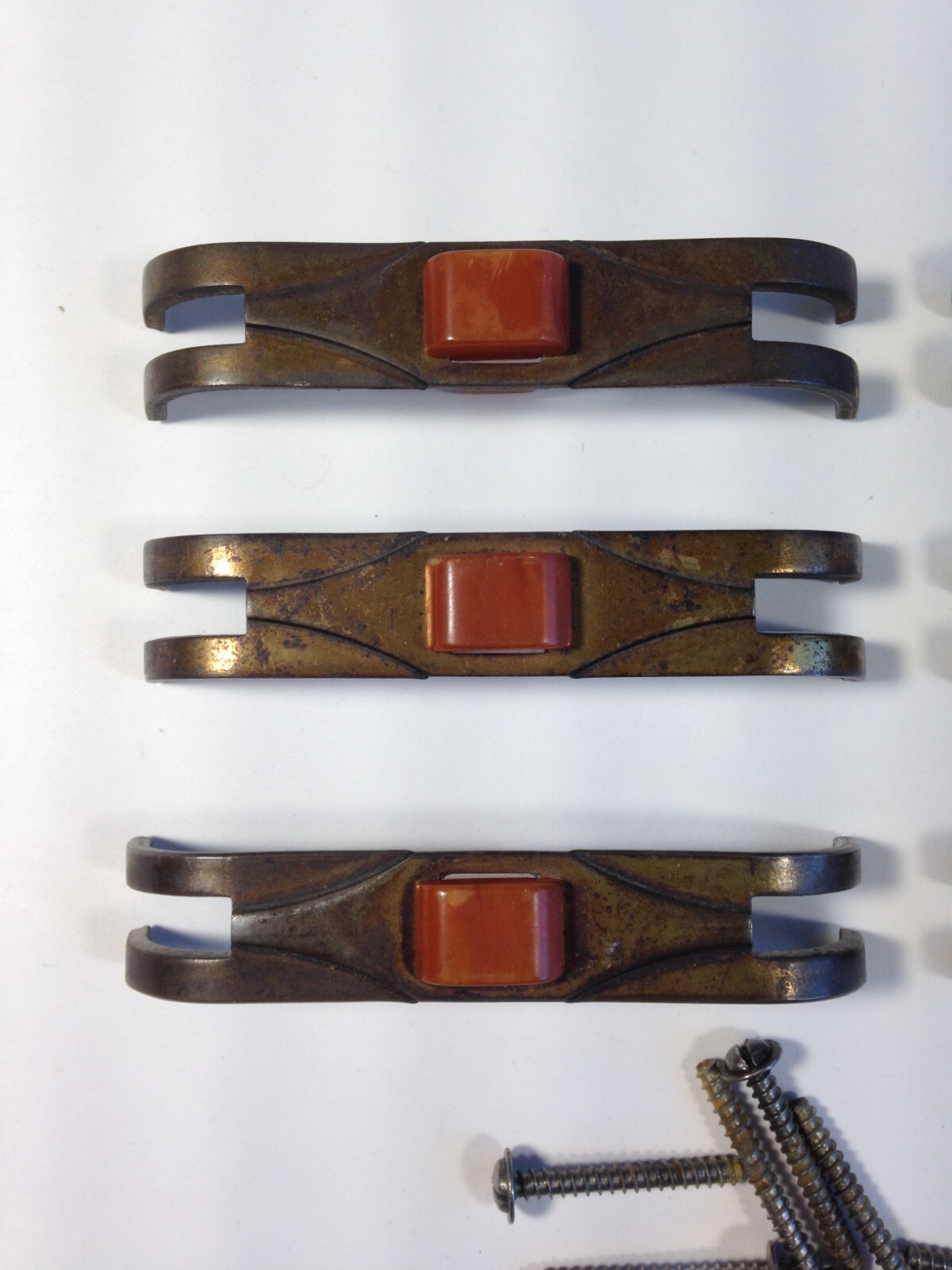 6 Drawer Pulls Handles Metal orange/golden Bakelite Antique Hardware Art Deco