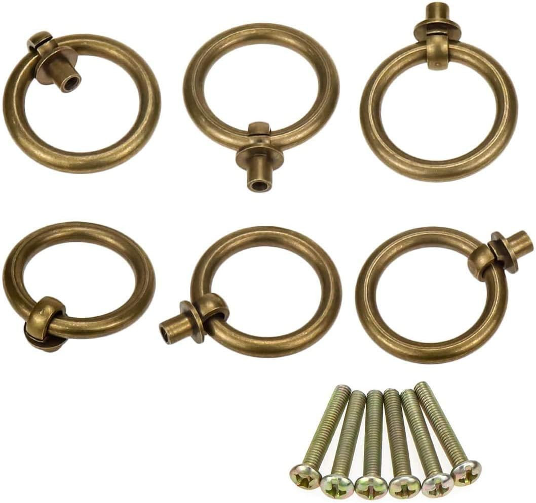 Antique Bronze Pulls Ring 6Pcs, 1.38 Inch Drawer Handles, Drop Ring Pulls Vintag