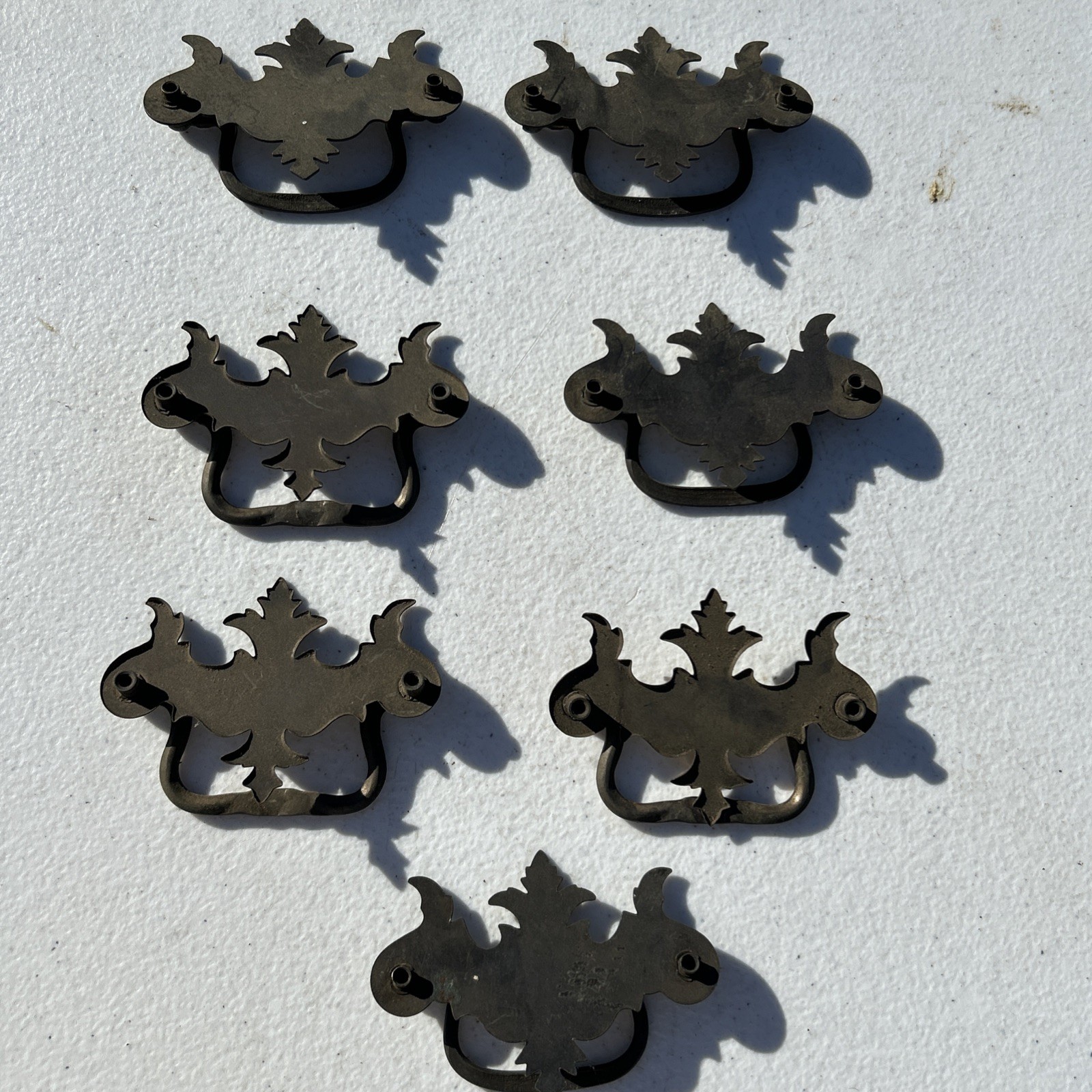 Lot Of 7 Flat Bat Drop Bail Pull Handle Solid Dark Aged Brass 3 3/4” Vintage