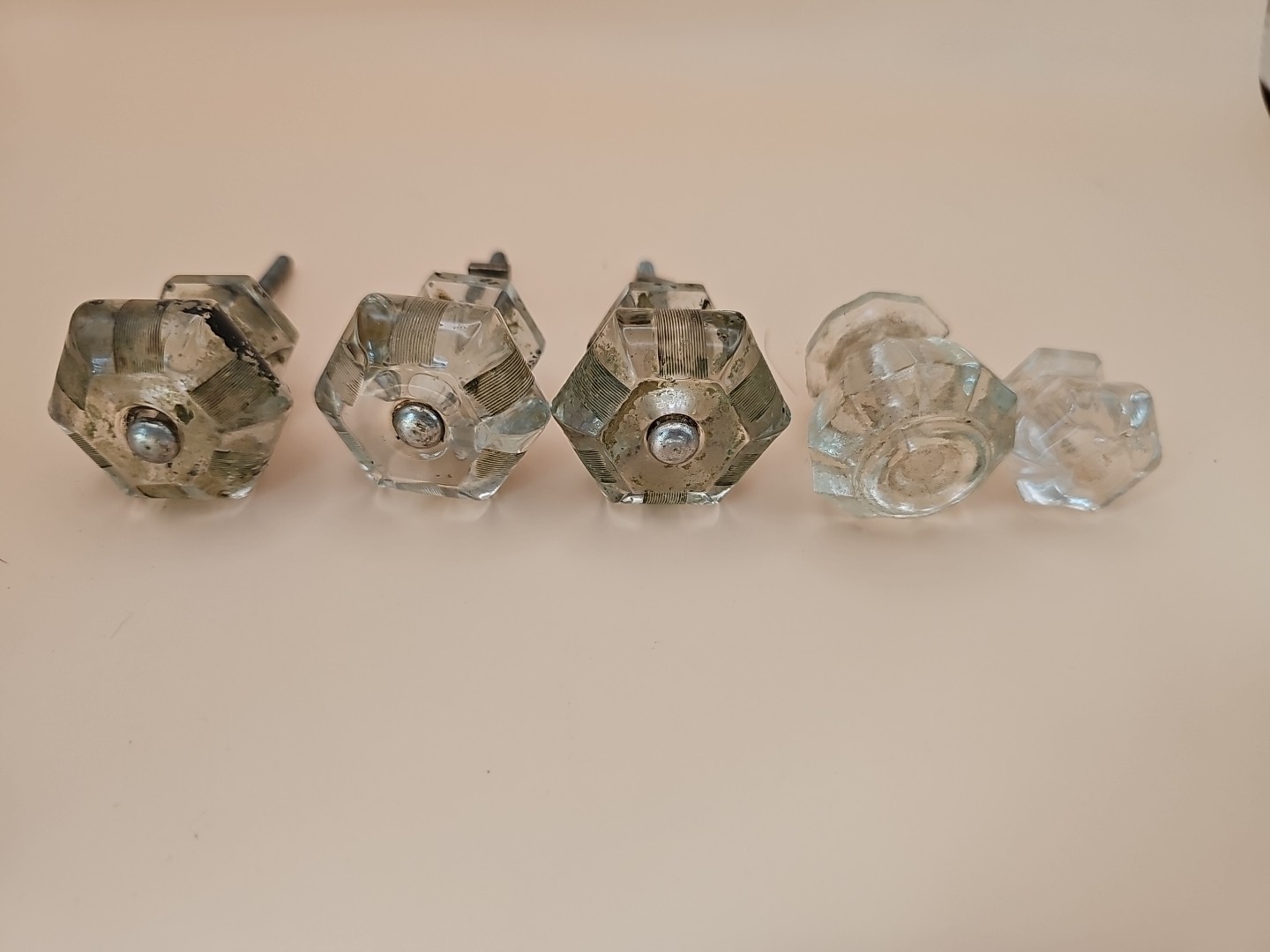 Vintage Six Side Hexagon Clear Glass Drawe Knob Cabinet Furniture Knobs Lot of 5