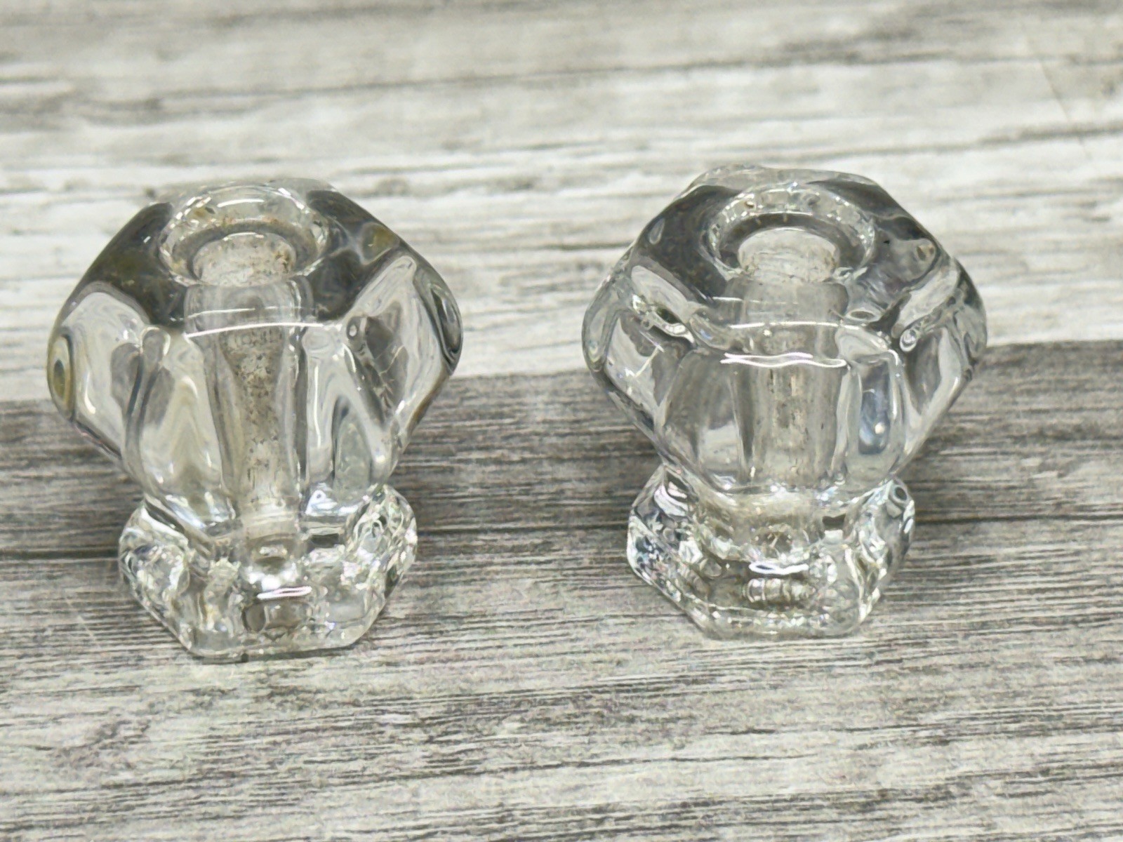 MCM Drawer Pull Knobs Vintage Clear Glass Hexagon Cabinet Hardware Set of 2