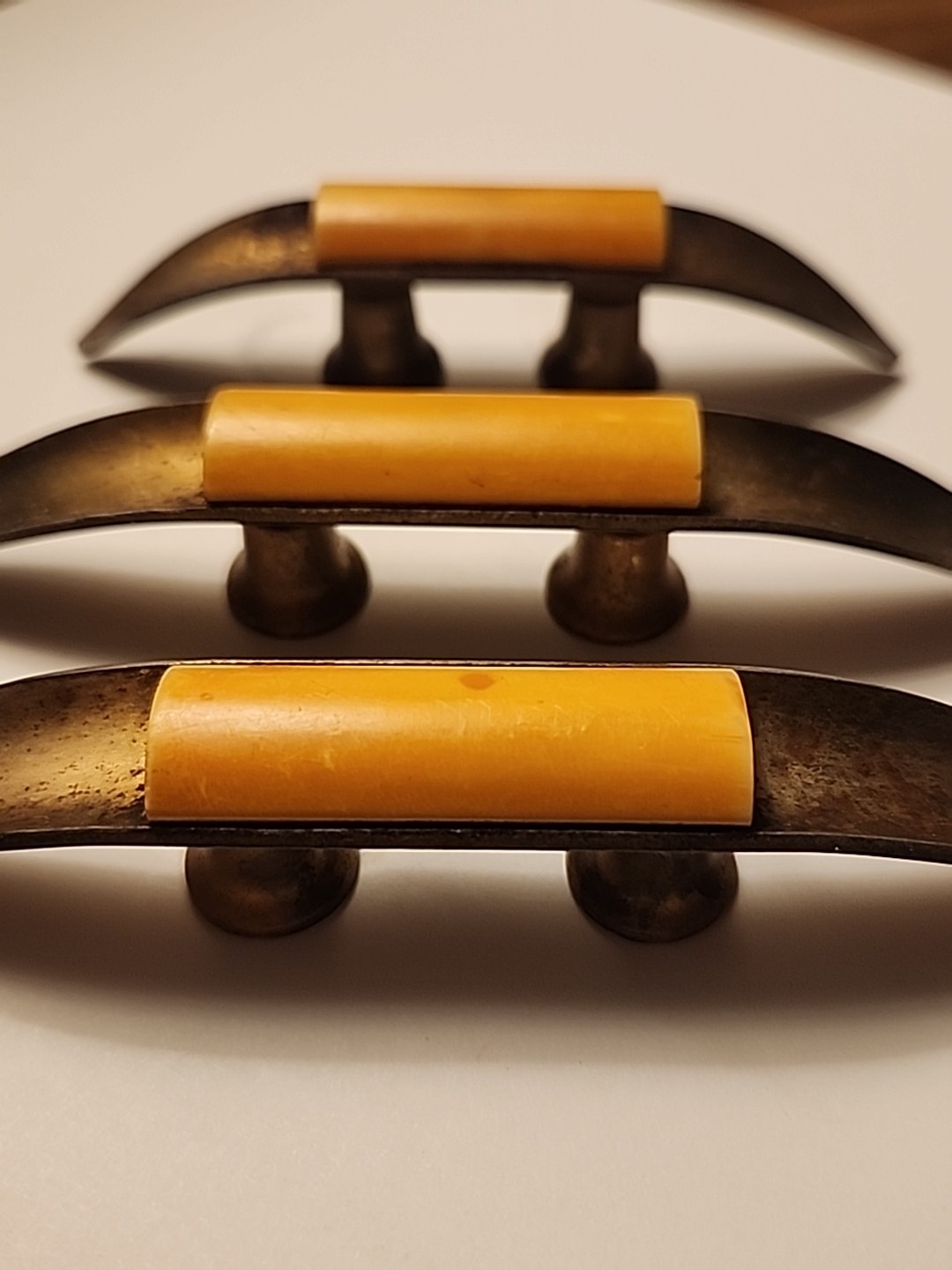 3 Vtg Art Deco Brass Cabinet Drawer Pulls Bakelite Centers Rare Retro Salvage