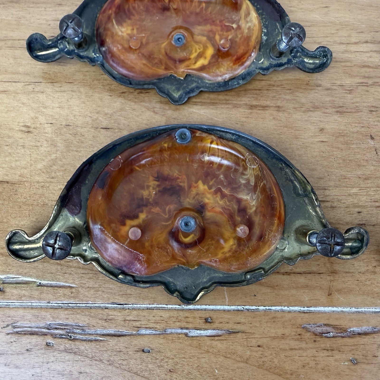 5 Vintage 1930’s-1940’s Keeler Art Deco Celluloid & Brass Original Drawer Pulls