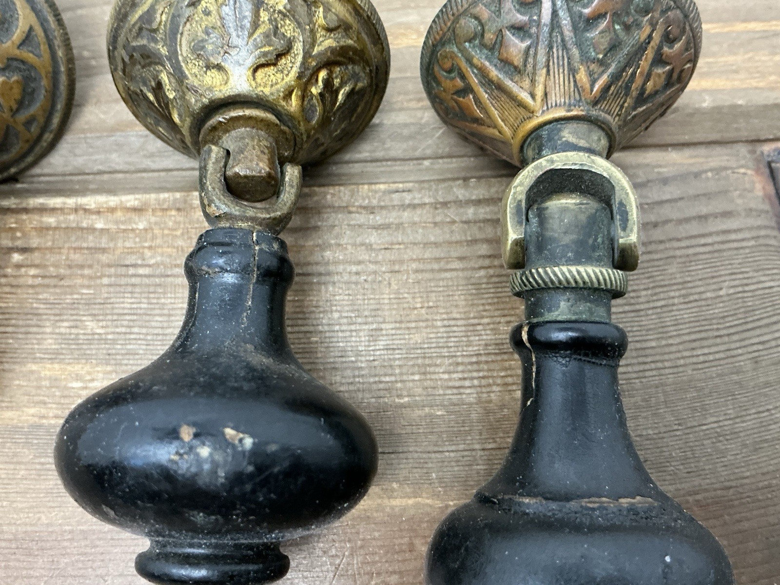 2 Antique Drop Drawer Pulls, Parts Brass Black Wood Teardrop Victorian/Edwardian