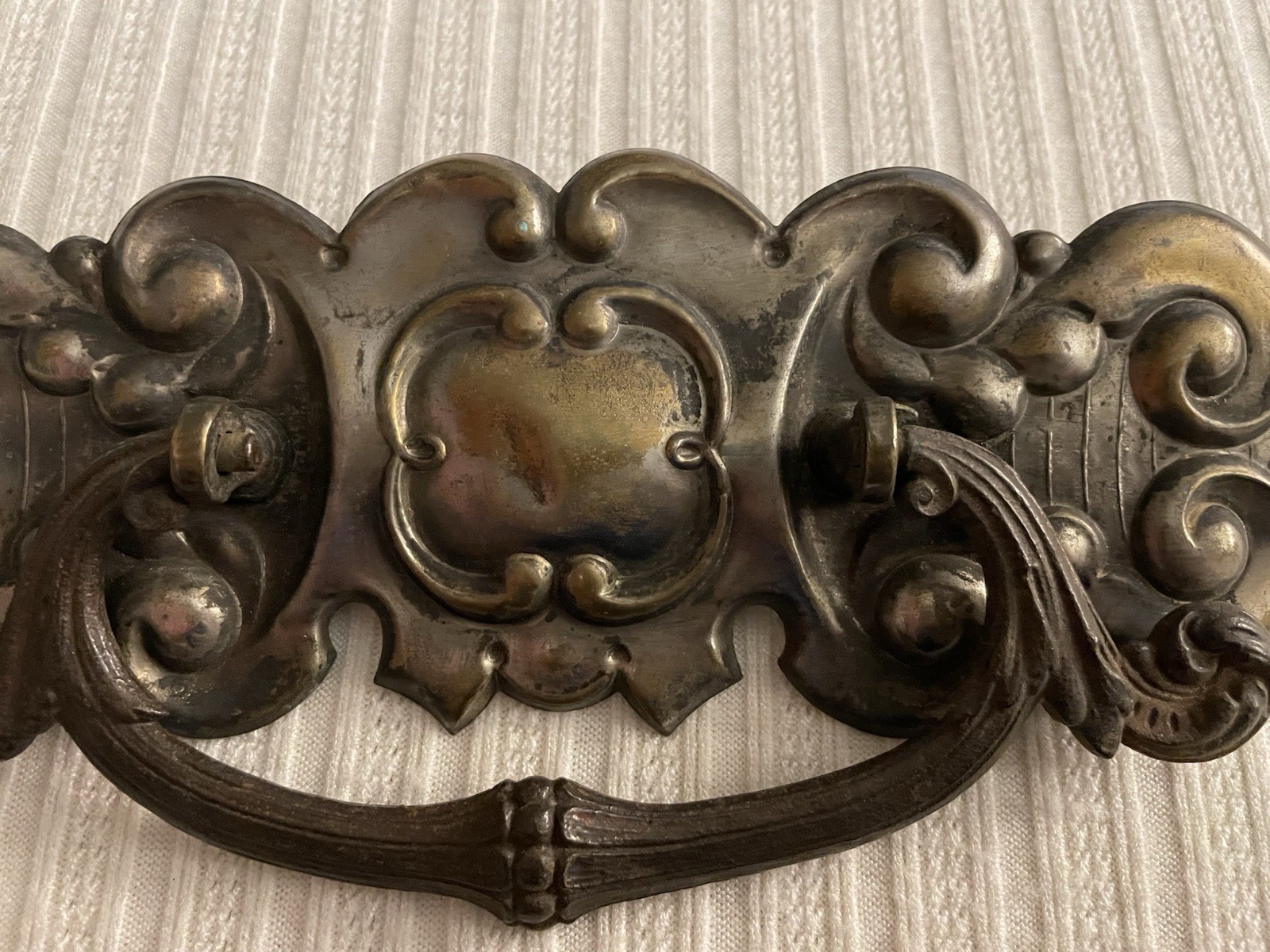 Ornate Victorian style door pull, pot metal, patina, rusted, bail pull