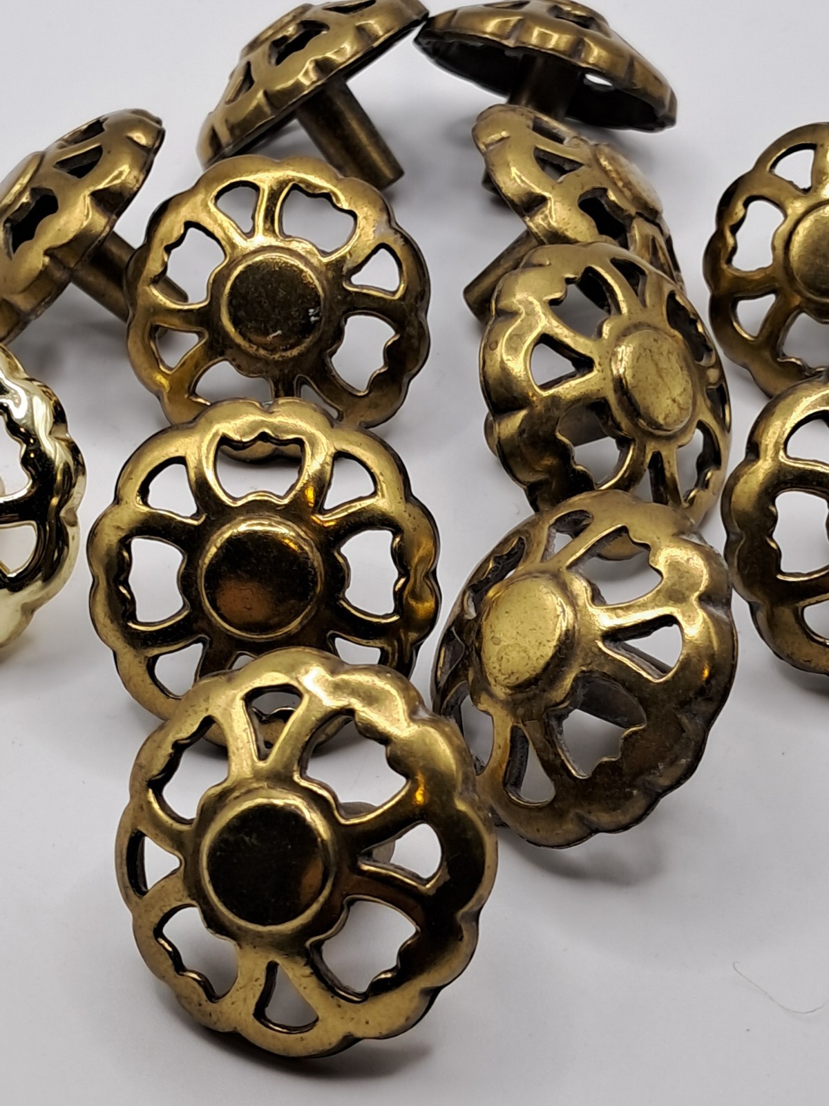 12 Vintage Drawer Knob Ornate Floral Brass Tone Floral Cut-Out Round 1.75″