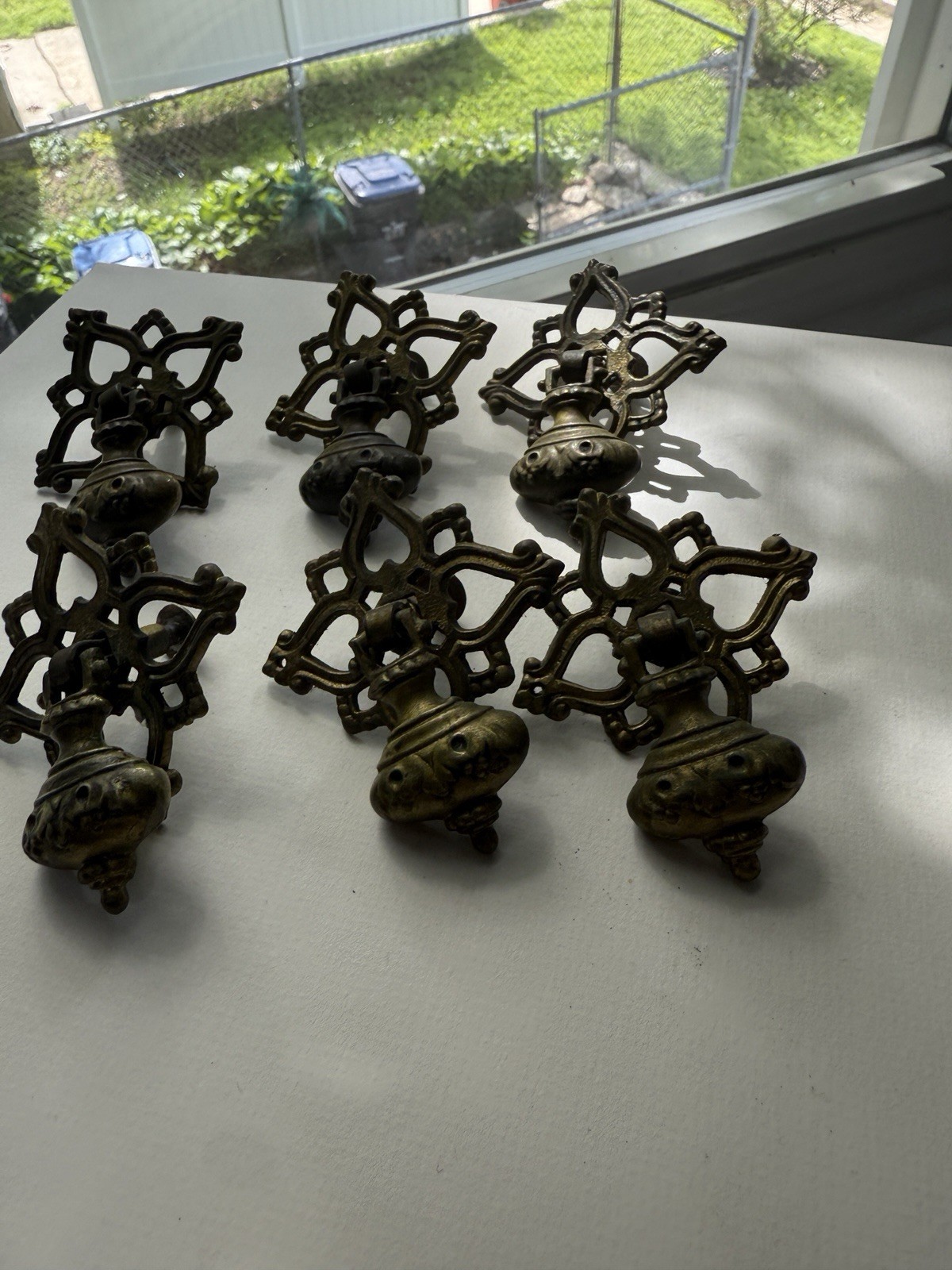 (6) Vintage Keller Brass Co Gothic Tudor Drop Bail Drawer Pulls KBC G606 Ornate