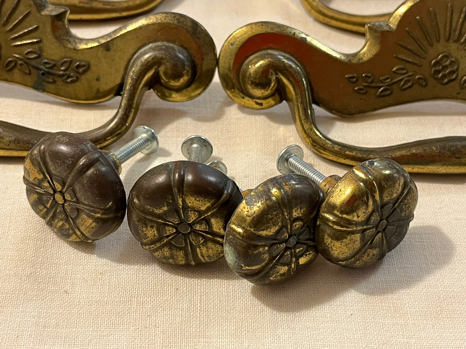 Vtg Mid Century Brass Furniture Hardware (Drop Handles Floral Design & More)