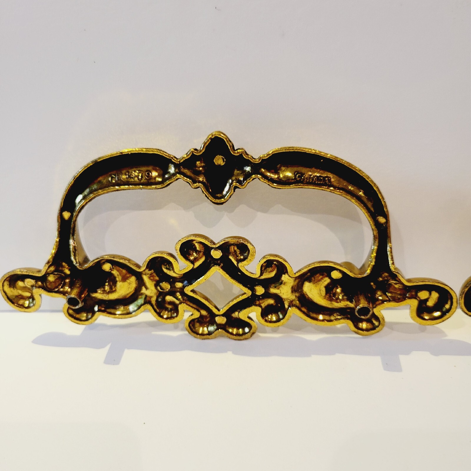 4 Vintage Ornate Scroll Drawer Drop Pull Handles Metal Goldtone Canada CH 1479