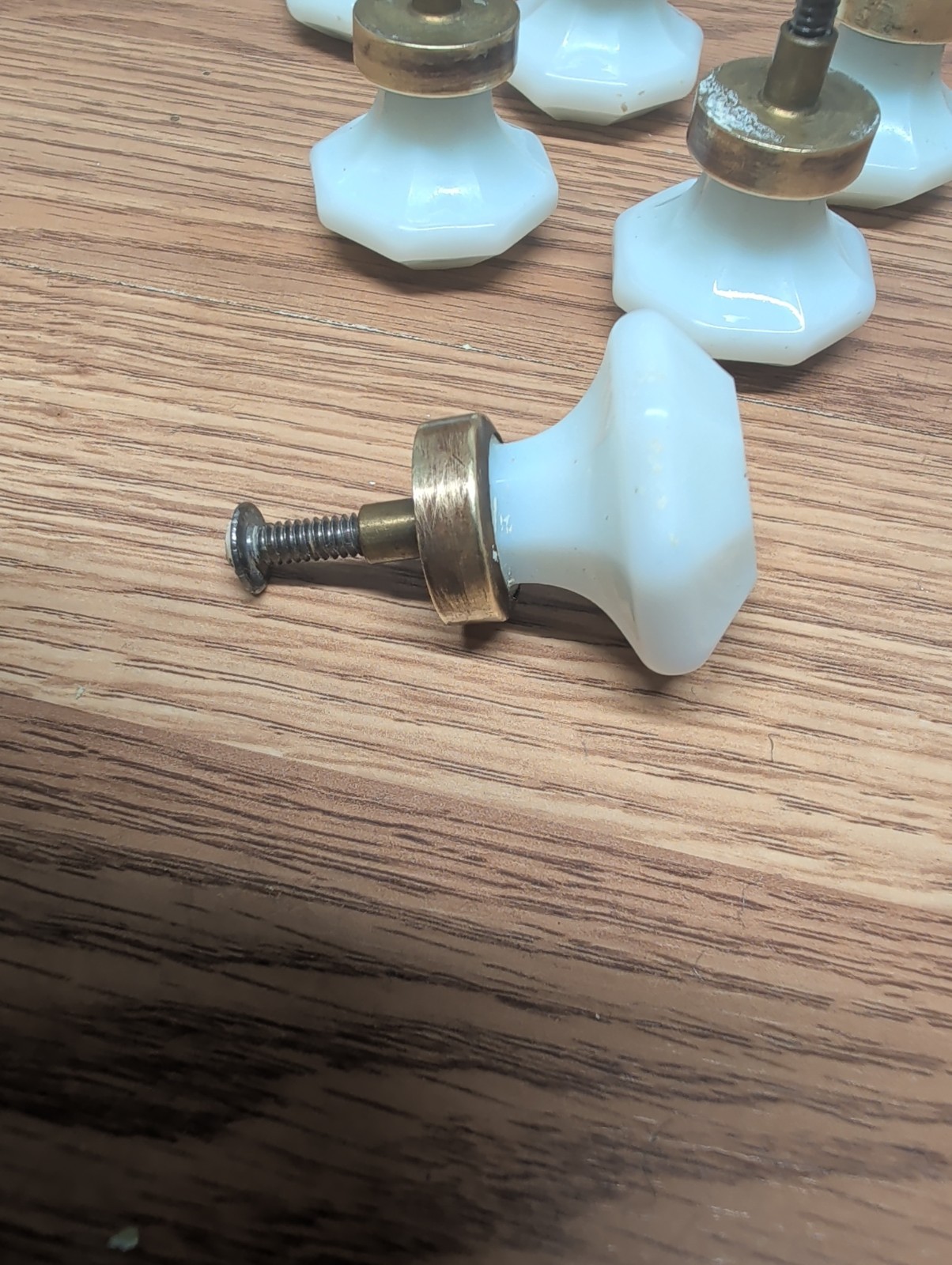 Vintage Dental Medical Cabinet Milk Glass Drawer Knob Pulls Hex Shape W/Hardware