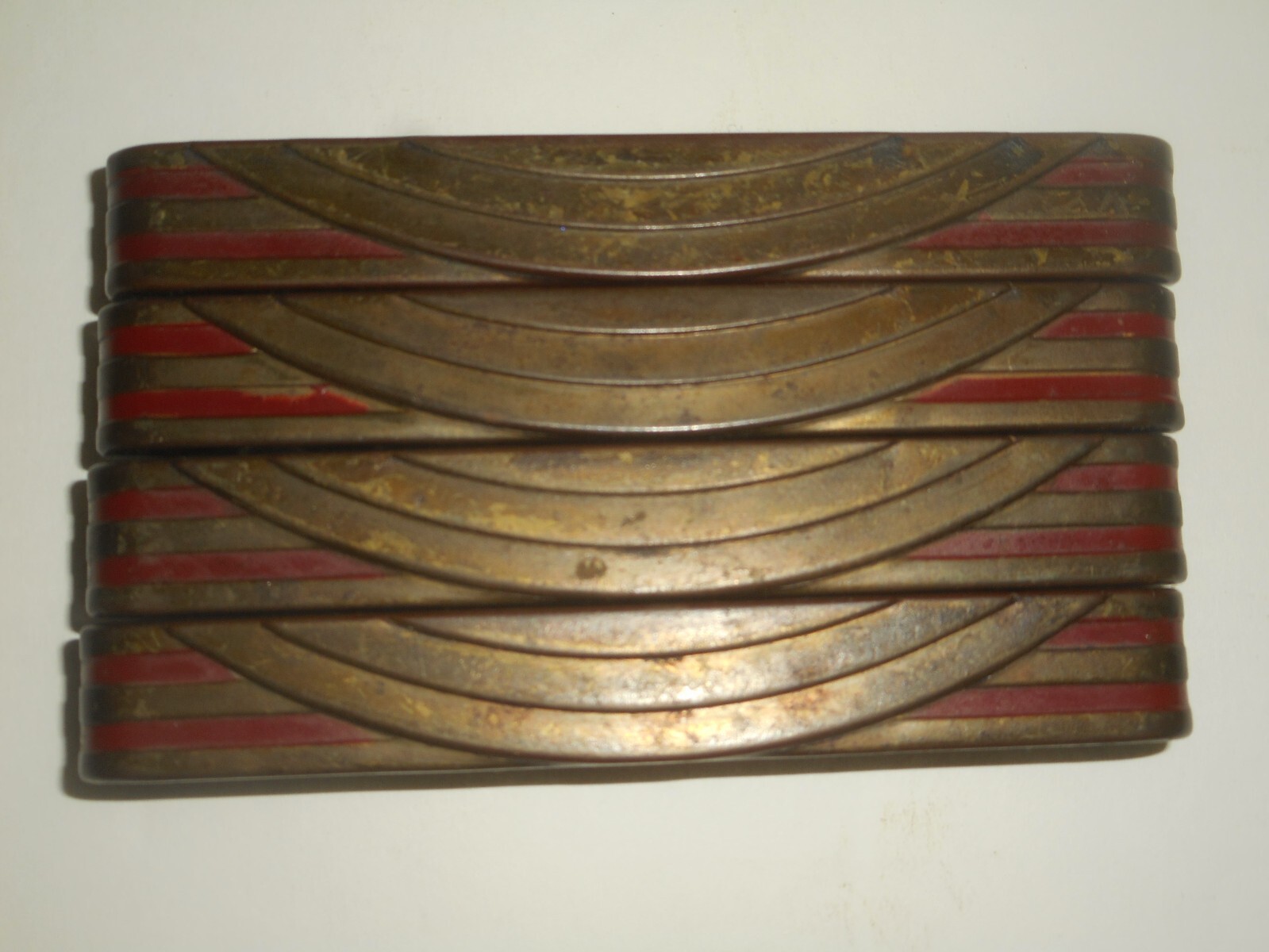 Antique ART DECO Dresser Drawer Pulls Pressed Metal WATERFALL ARCHES Red Paint 4