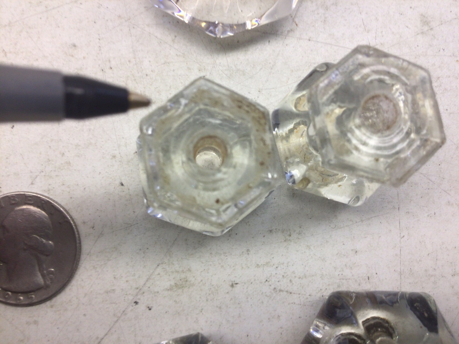 5) Antique Hexagon Glass Drawer Knob Pulls, Two Pairs, One Single