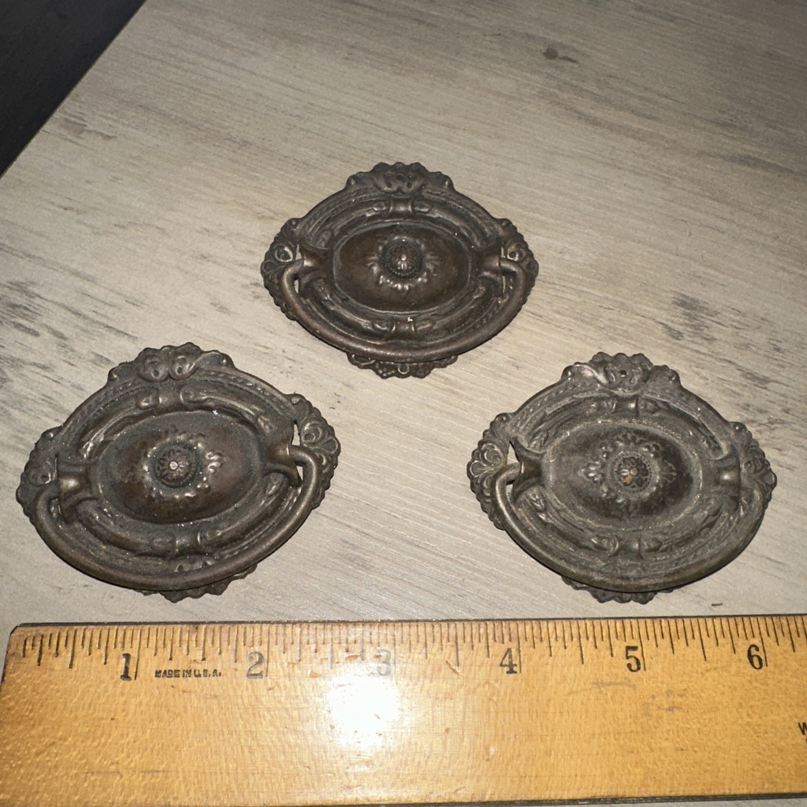 3 Antique Drop Handle Drawer Pulls. Beautiful Details & Patina!