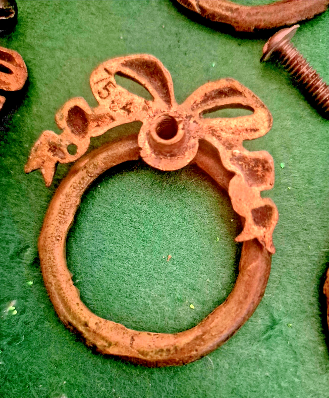 Antique Ribbon And Bow Ornate Bronze Brass Drawer Pull Rings 12 Set Art Nouveau!