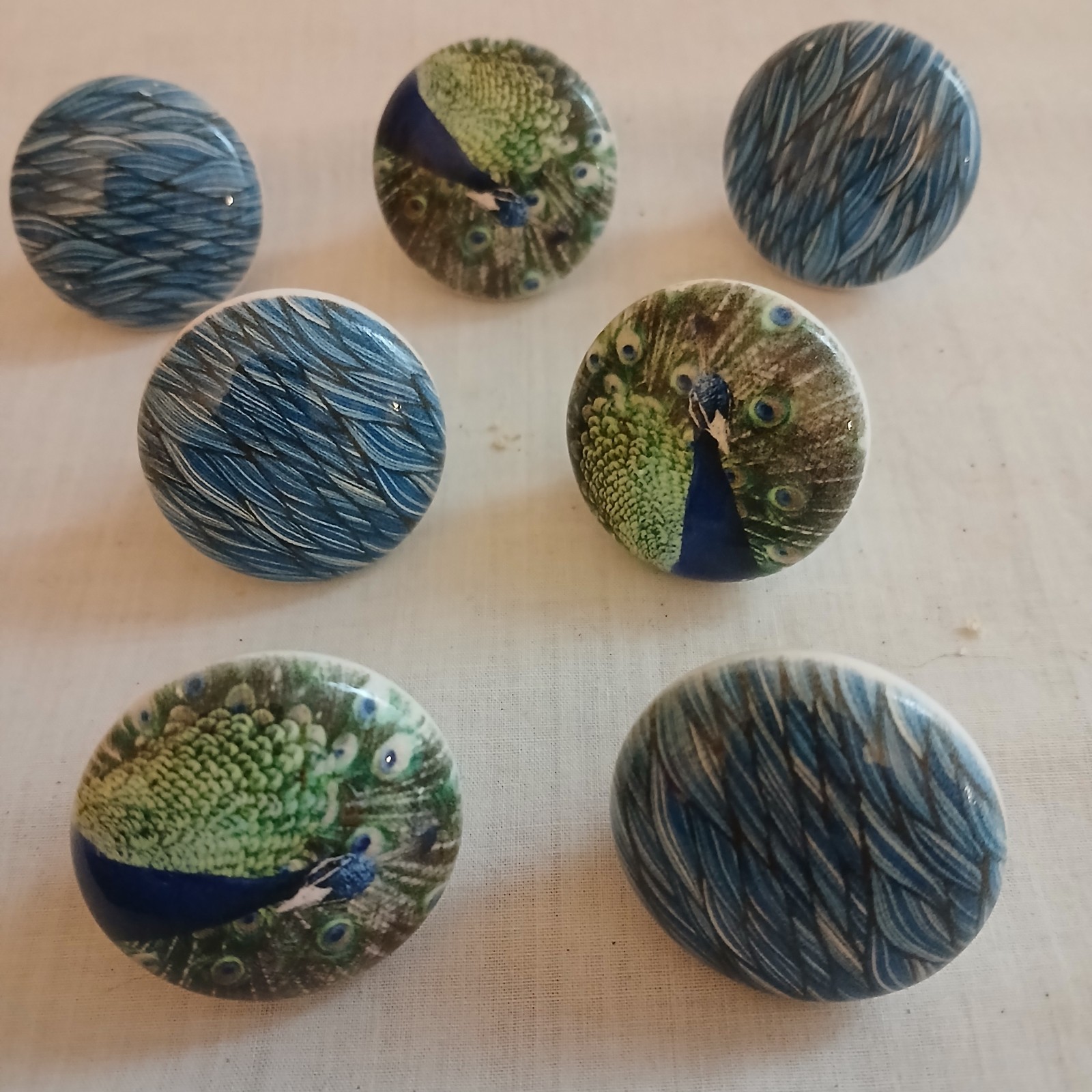 lot of 7 Vintage porcelain drawer Pulls Knobs Country MCM Peacock Waves 1 1/2″