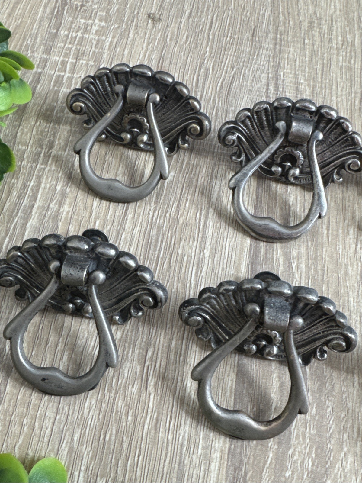 (6) Nickel / Brass Antique Hardware Drawer Pull Victorian Brass Drop Ring Set