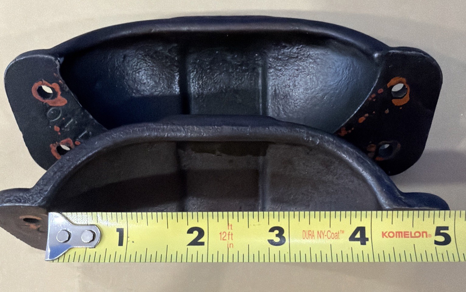 Set of 2 Cast Iron Bin Pulls Rustic Vtg Farm Black W/Rusty Brown Patina Heavy 6”