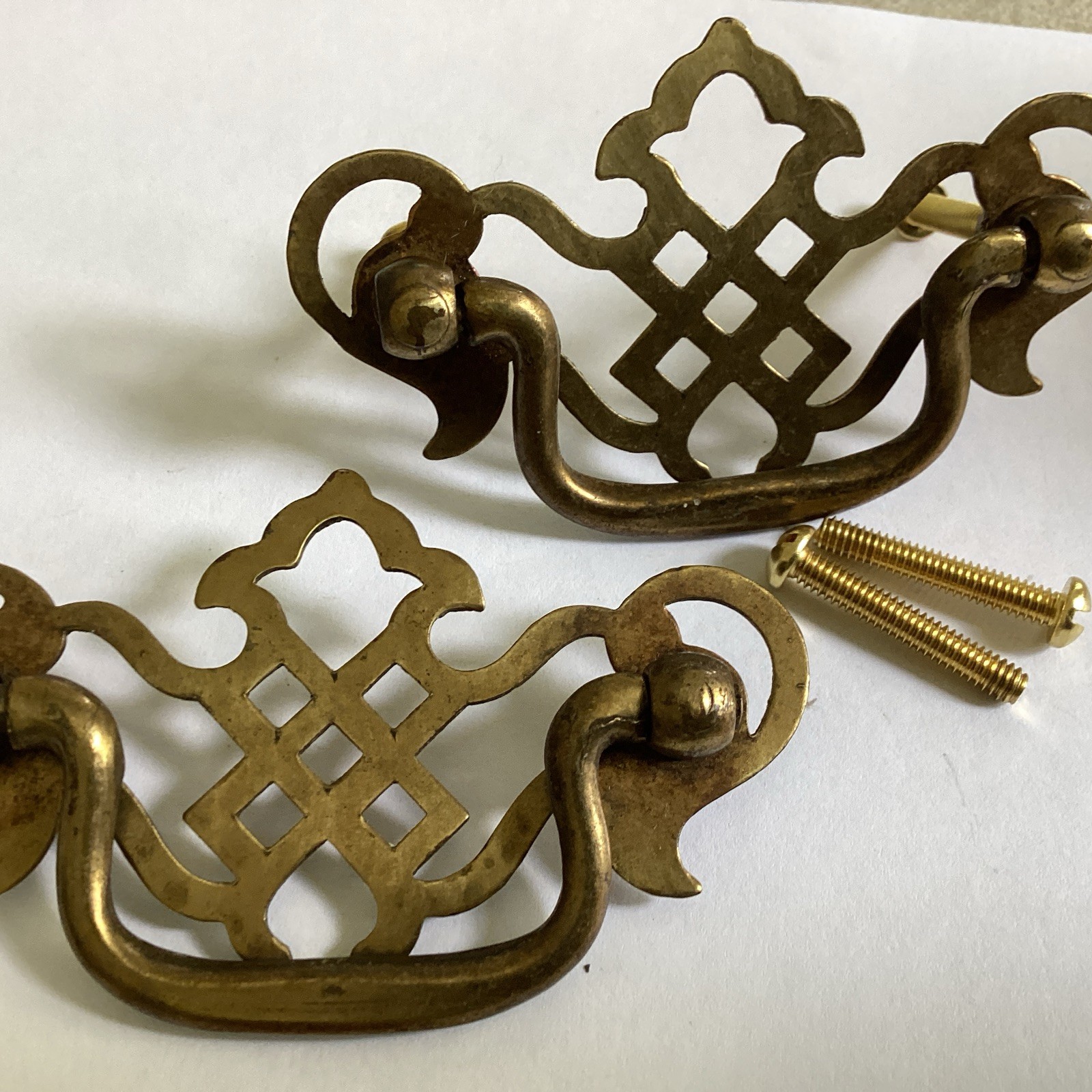 Great Pr. Vintage Pierced Brass Plated Chippendale Drawer Pull 2-1/2 “ In