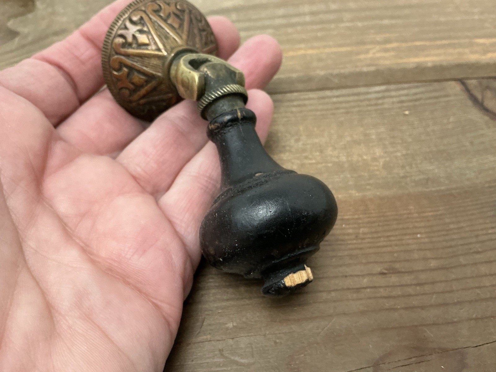 2 Antique Drop Drawer Pulls, Parts Brass Black Wood Teardrop Victorian/Edwardian